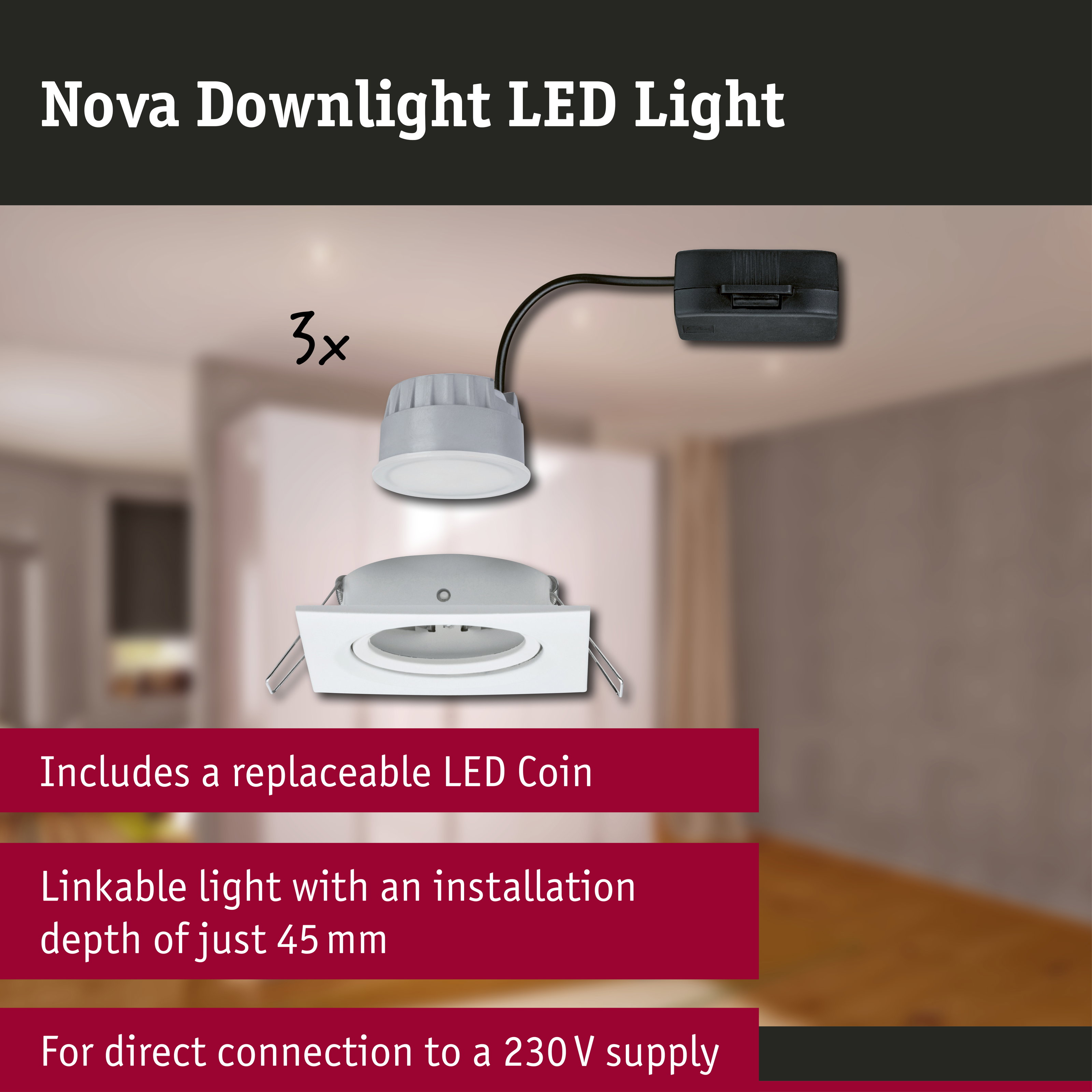 Nova Downlight LED-Leuchte mit austauschbarer LED-Münze, 45 mm tief.