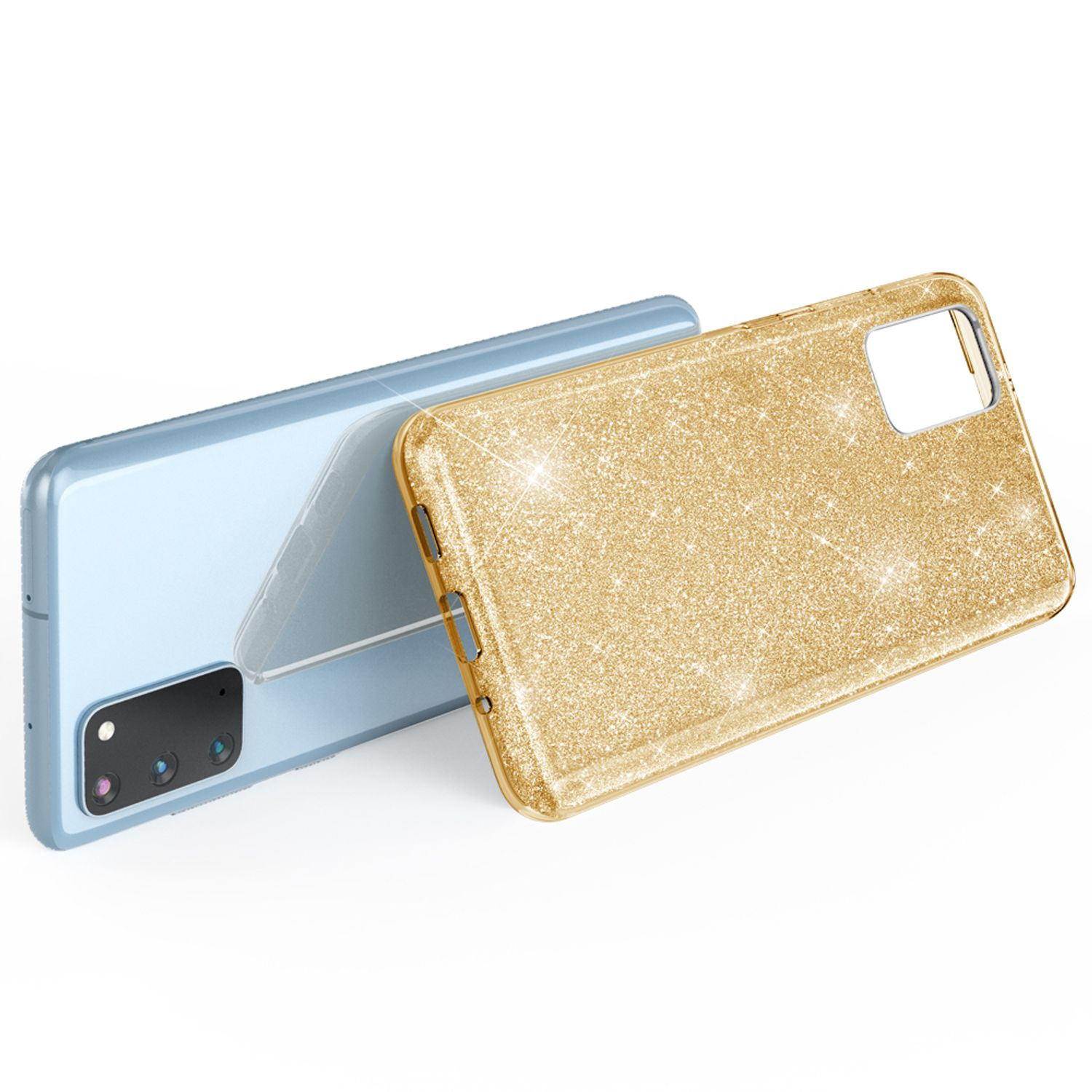 Eine goldene Handyhülle mit Glitzer liegt neben einem hellblauen Handy.