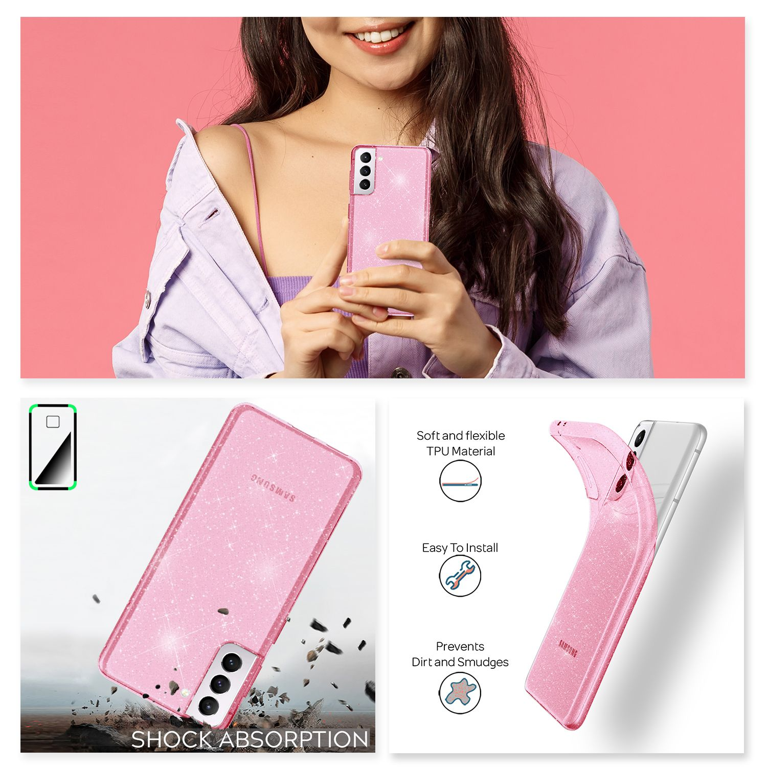 Una donna tiene una cover per telefono rosa scintillante. Primo piano.