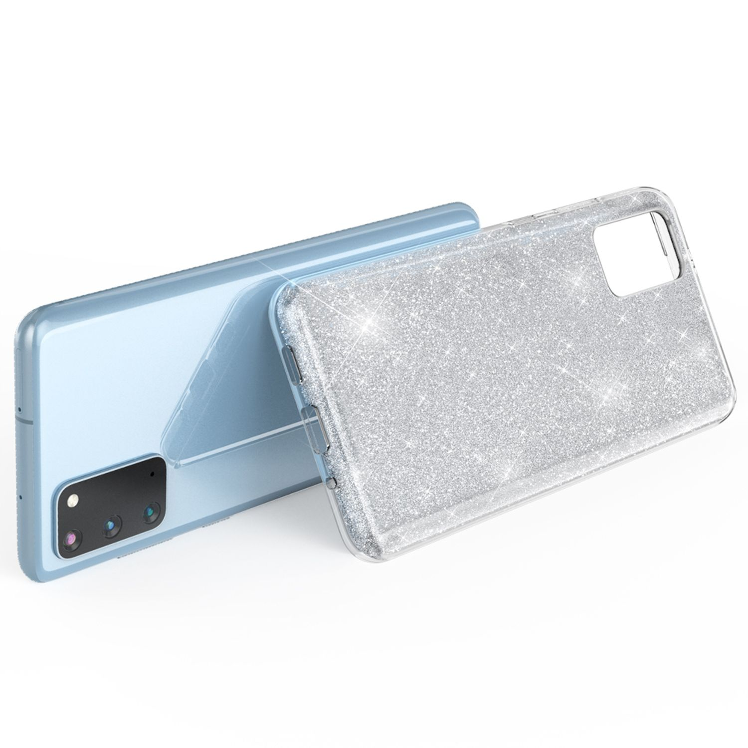 Ein hellblaues Smartphone liegt neben einer glitzernden silbernen Handyhülle.
