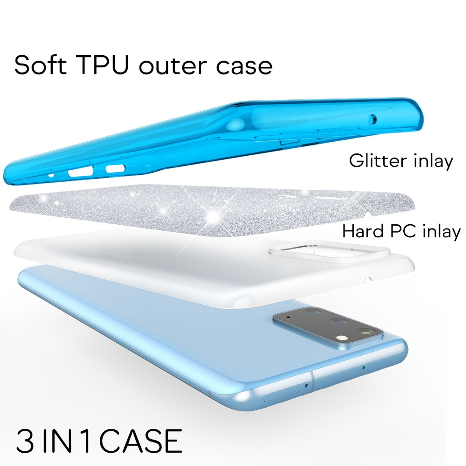 Schichtaufbau einer blauen Handyhülle mit Glitzer- und PC-Inlay.