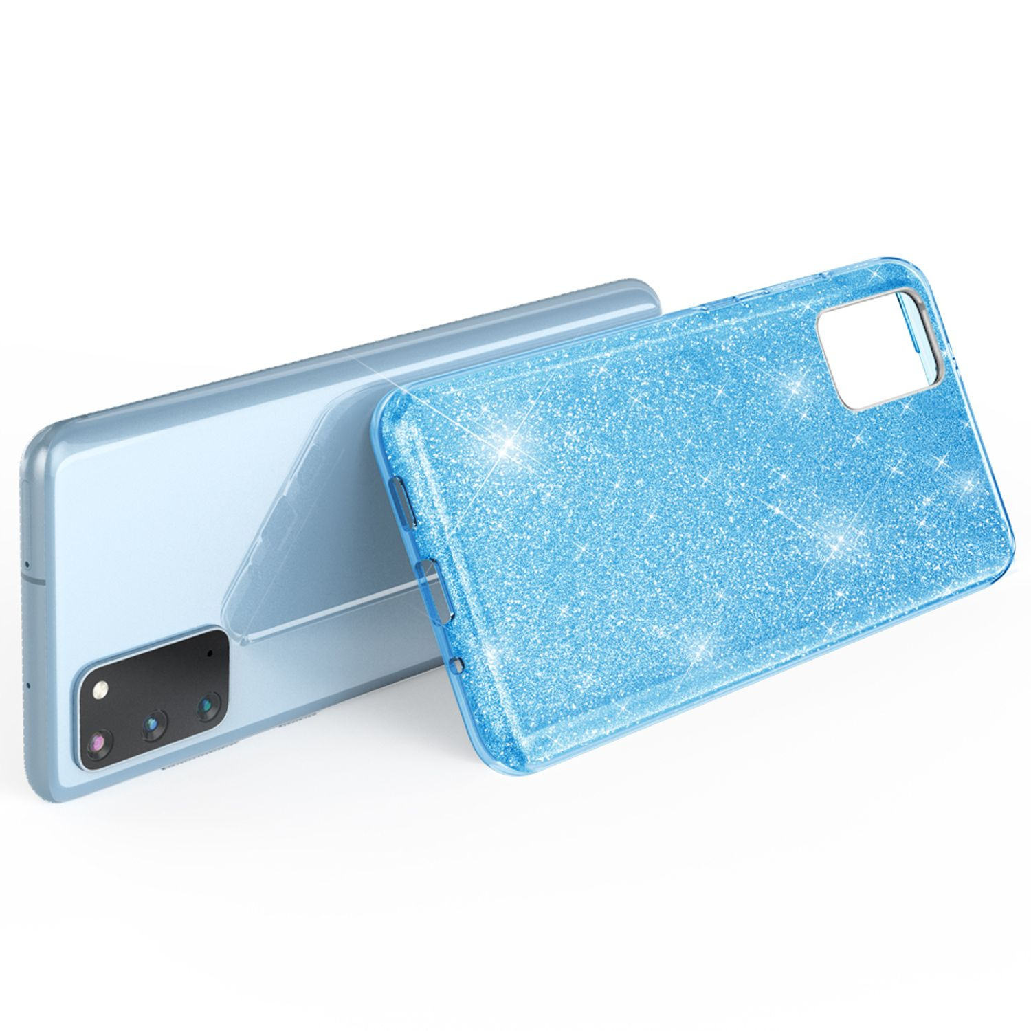 Ein hellblaues, glitzerndes Handyhülle liegt neben einem hellblauen Handy.