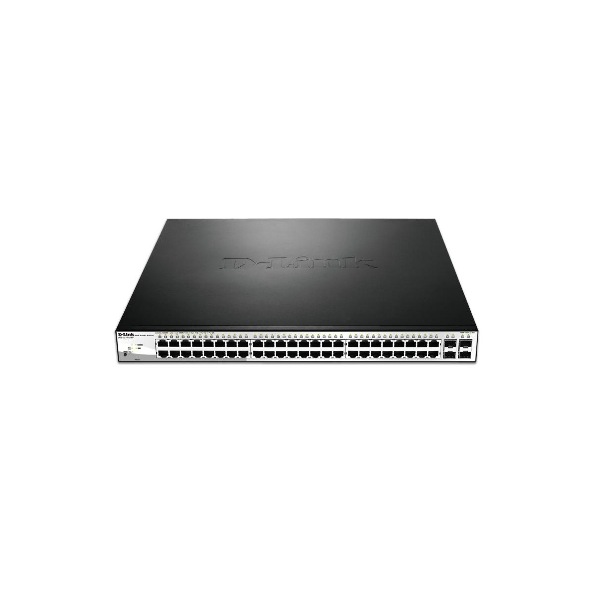 Uno switch di rete D-Link nero con molte porte.