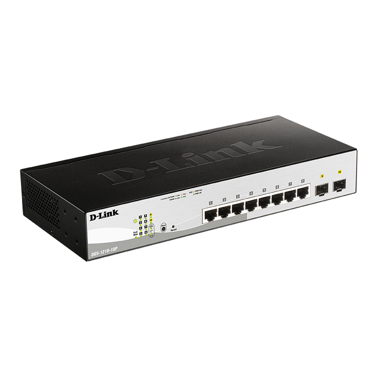 Uno switch di rete D-Link nero con 10 porte e LED.