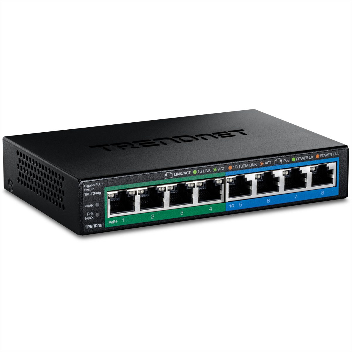 Switch Gigabit PoE+ nero a 8 porte con porte e LED di stato.