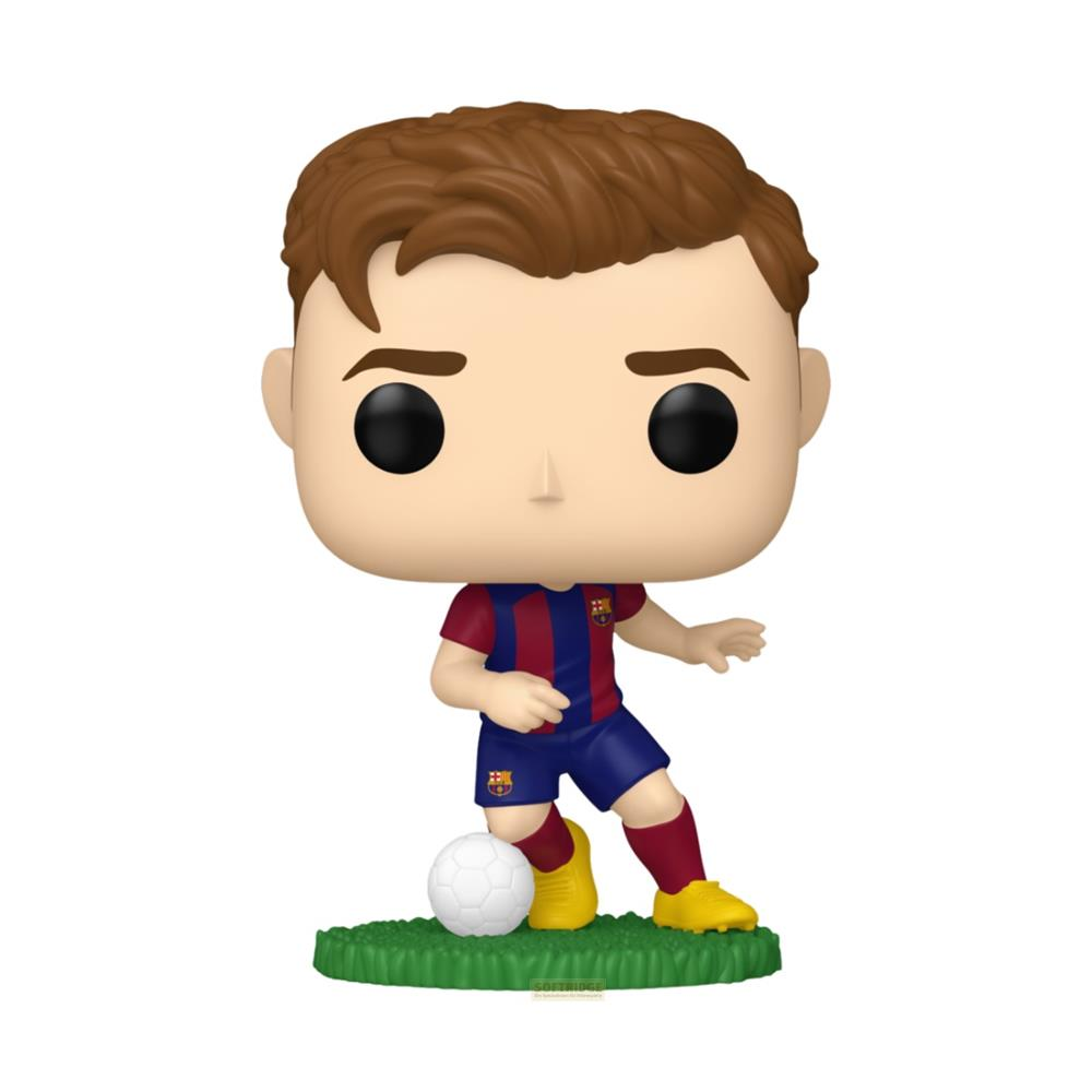 Un Funko Pop! di un calciatore in maglia del Barcellona con un pallone su terreno verde.
