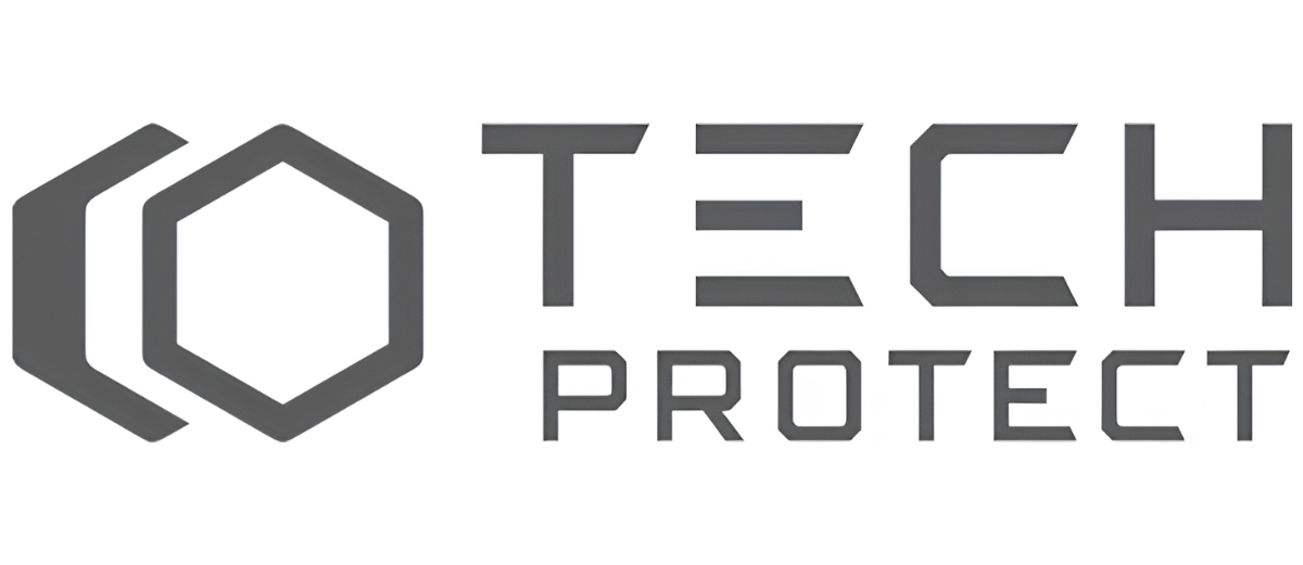 Graues Logo mit sechseckigem Symbol und Text TECH PROTECT.