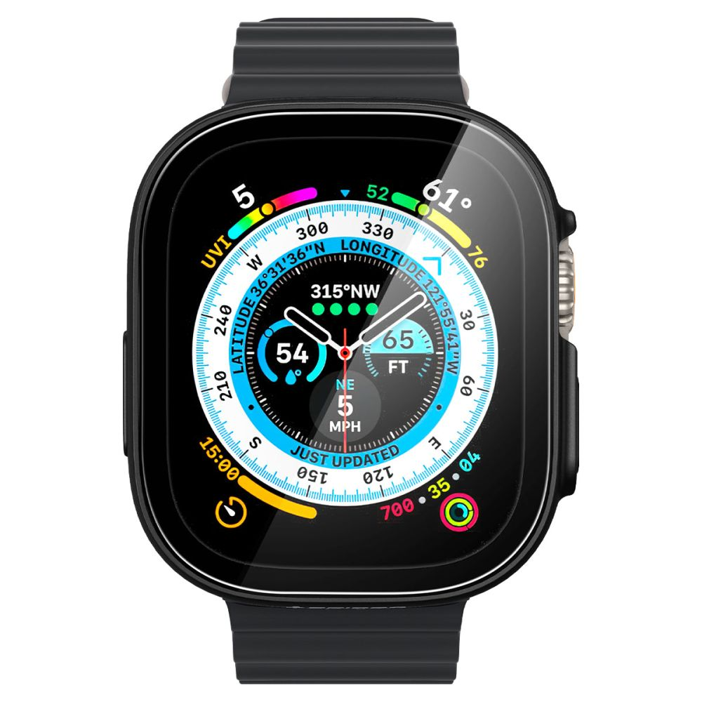 Uno smartwatch nero che visualizza informazioni GPS dettagliate sul suo schermo.