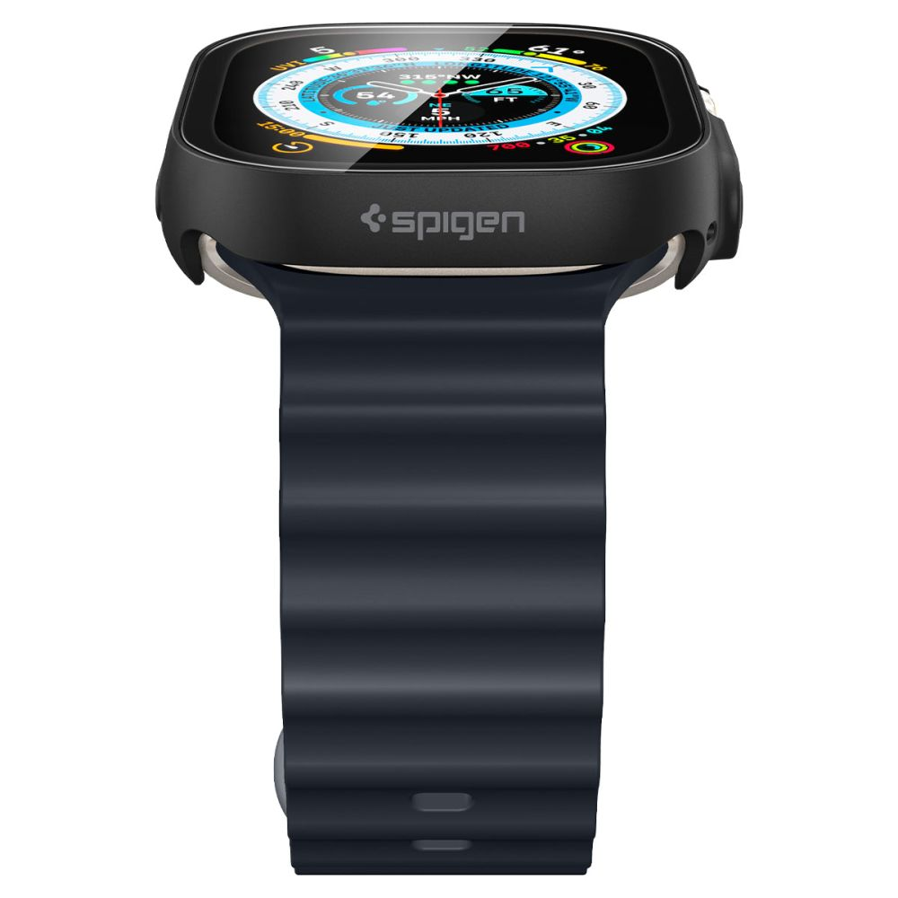 Uno smartwatch nero con cinturino scuro, che mostra il logo Spigen. Lo schermo mostra statistiche.