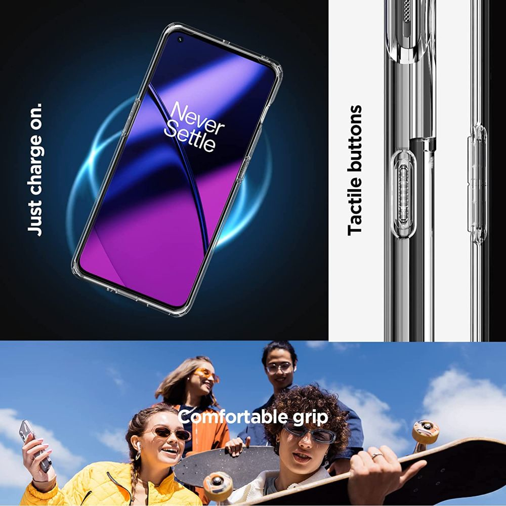 Custodia trasparente per telefono con schermo viola, amici con skateboard all'aperto.