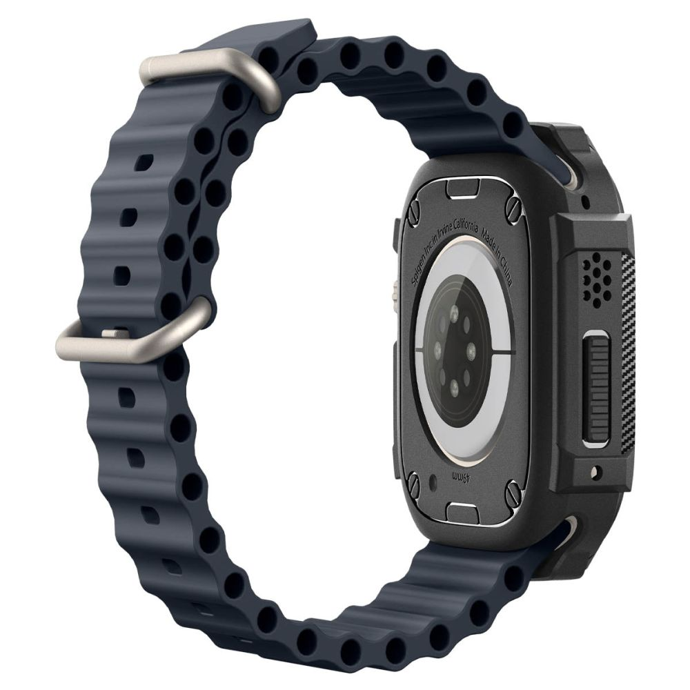 Cinturino grigio scuro per smartwatch con fibbie argentate e cassa nera.