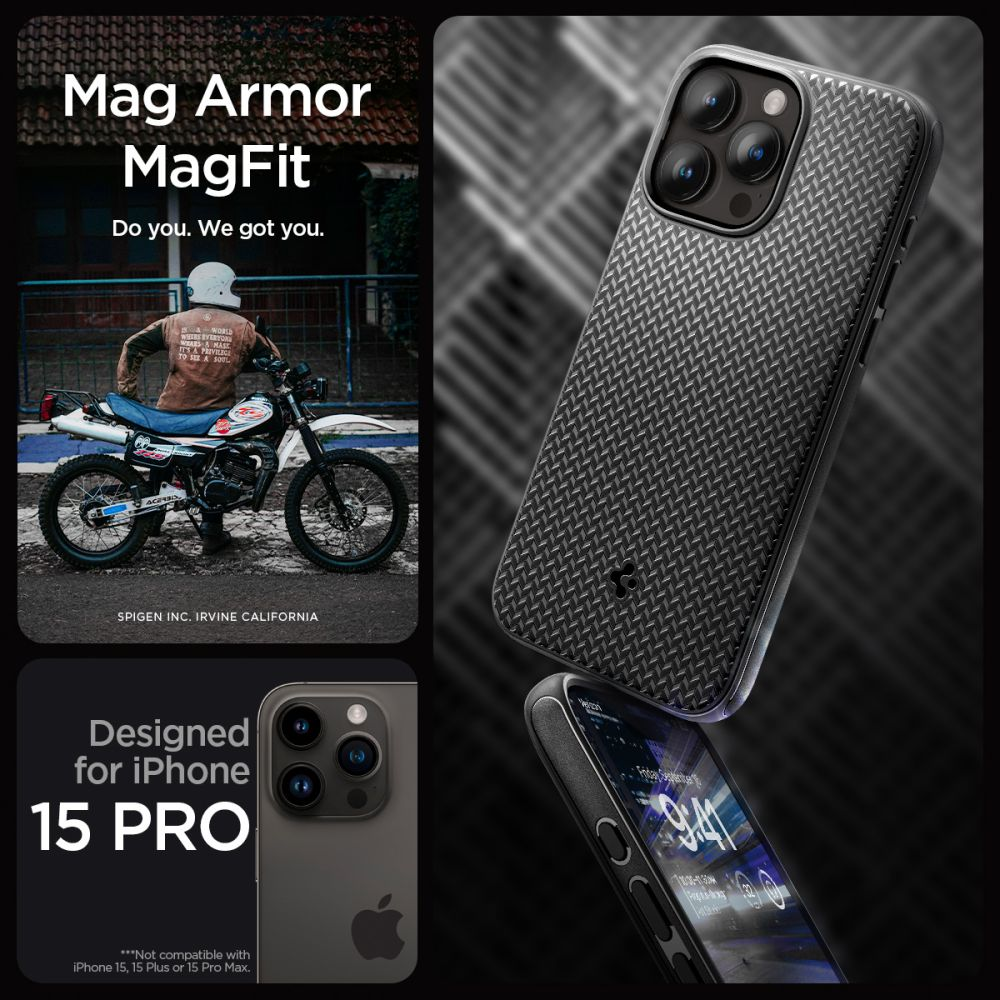 Custodia nera con motivo per iPhone 15 Pro, accanto a un motociclista e un iPhone 15 Pro.