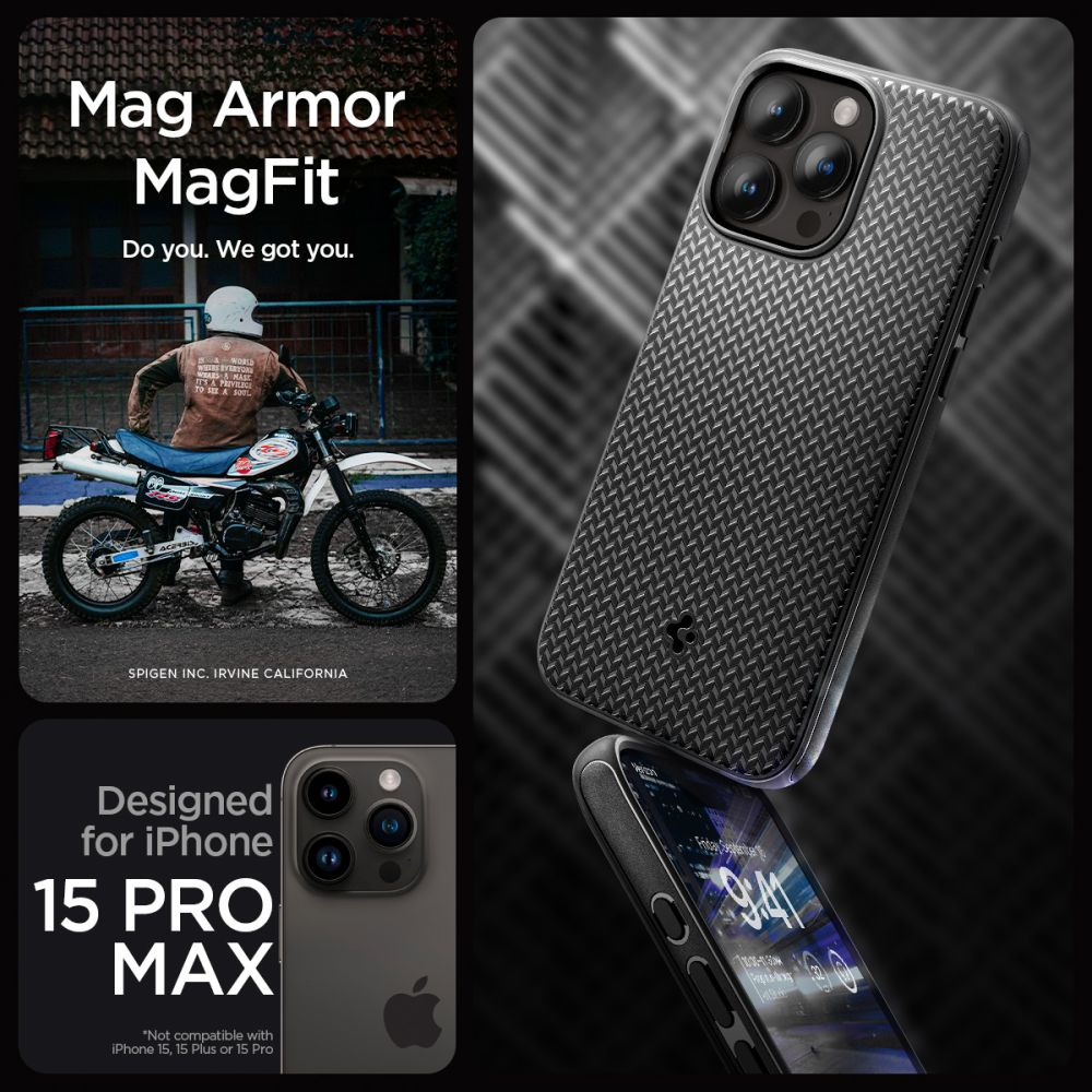Custodia nera per iPhone 15 Pro Max con motivo in carbonio, accanto a un uomo su moto.