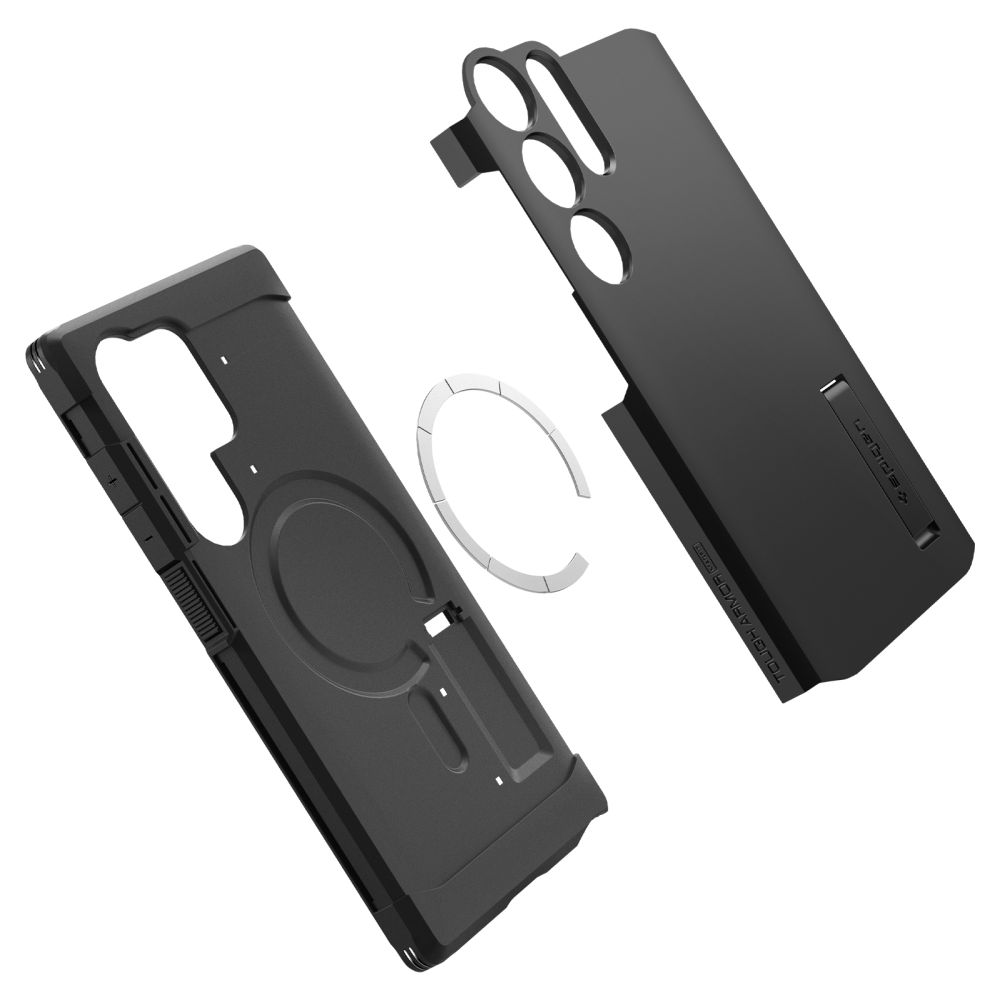 Custodia nera per smartphone con anello e cavalletto, smontata.