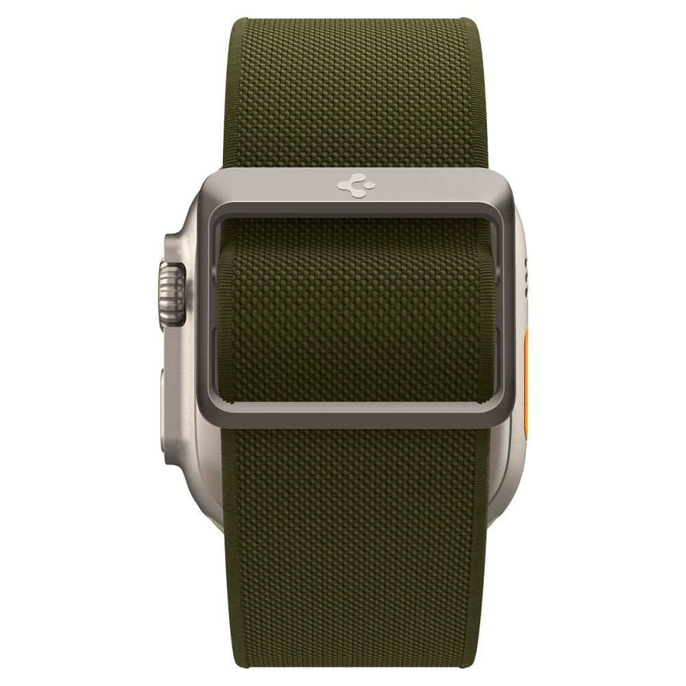 Un reloj de tela verde con caja y hebilla plateadas.