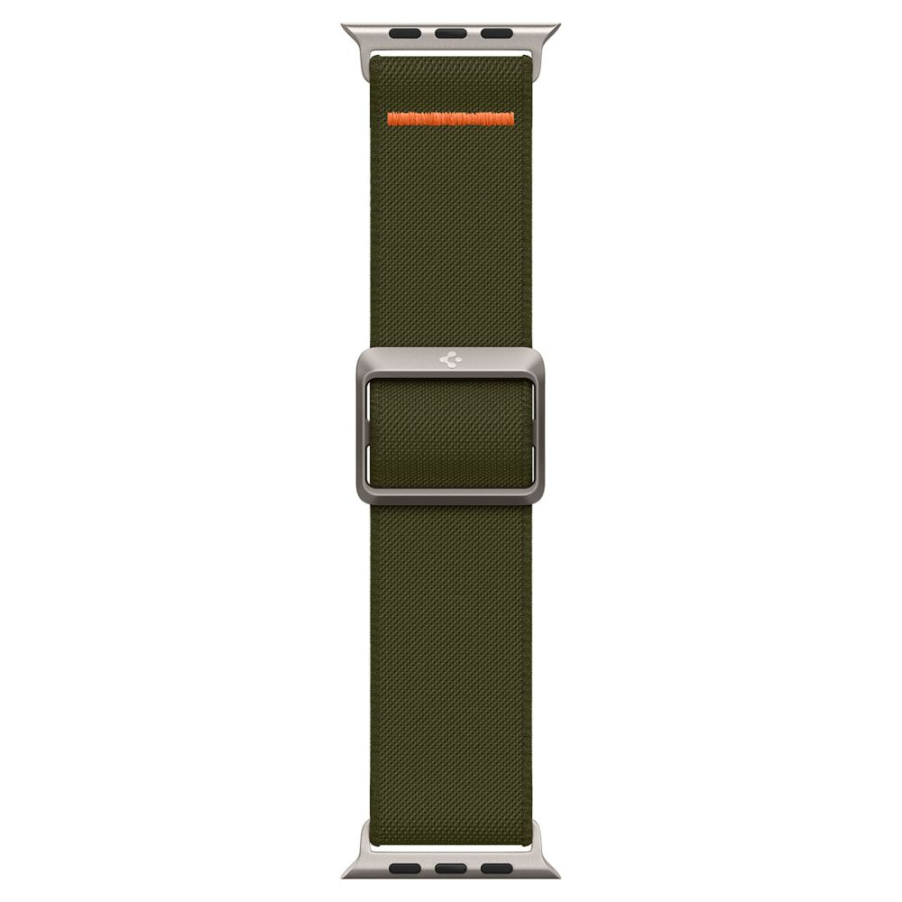 Banda verde para Apple Watch con hebilla plateada y costura naranja.