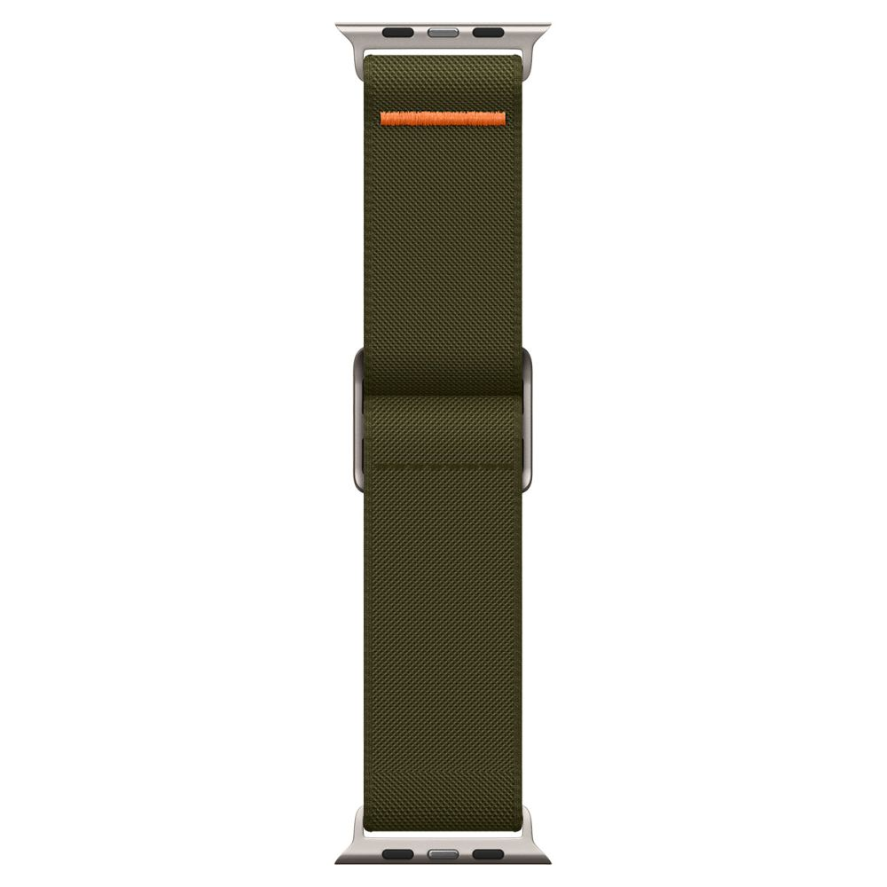 Correa de reloj de tela verde con costura naranja y hebilla metálica para smartwatch.