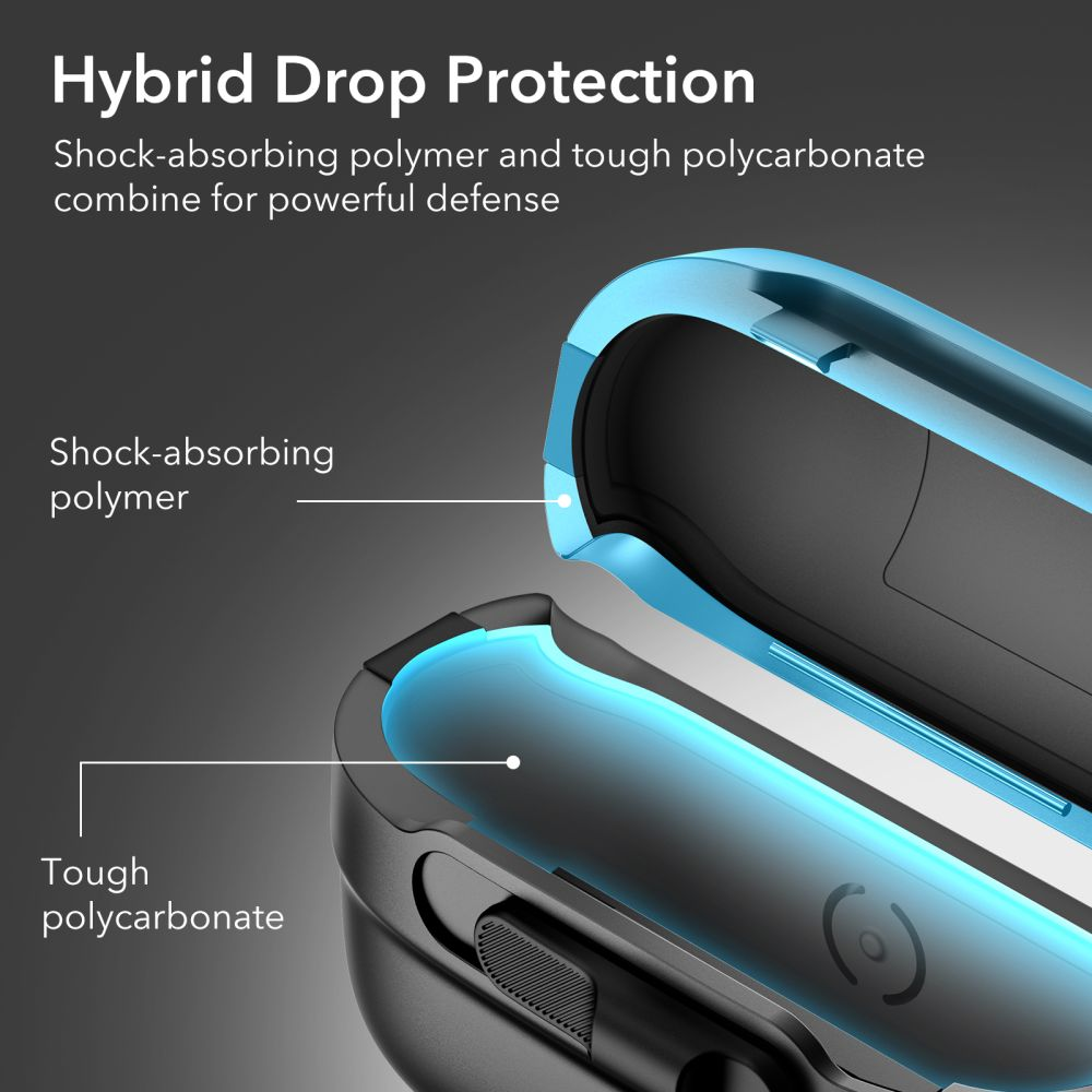 Gros plan d'un insert de coque de téléphone bleu et noir montrant des couches de protection.
