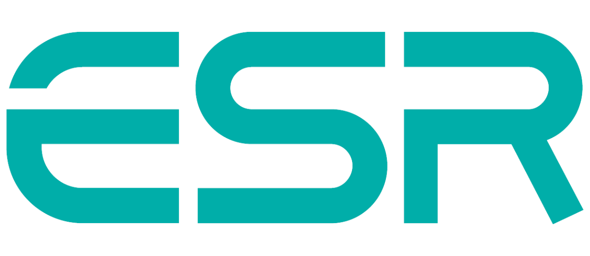 Logo ESR bleu sarcelle sur fond blanc.