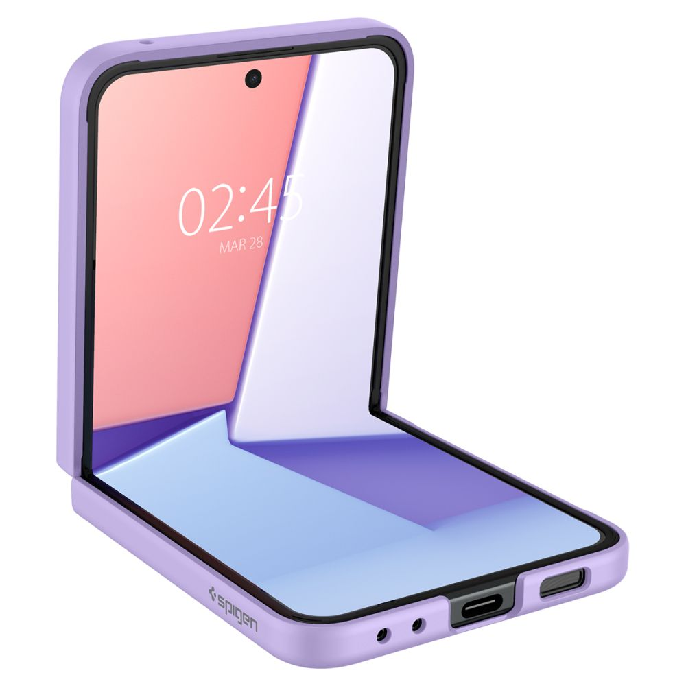 Custodia viola per telefono pieghevole, aperta con schermo acceso.