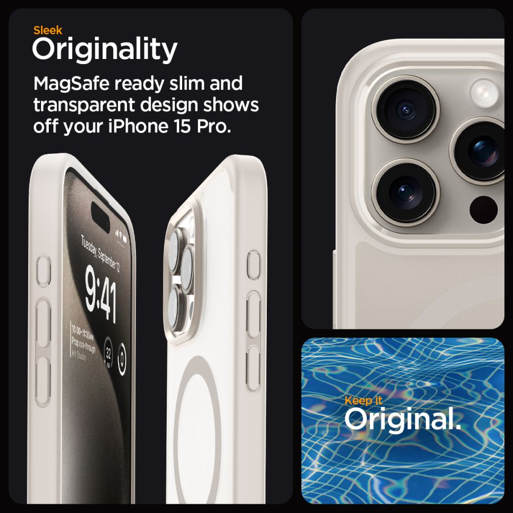 Una cover bianca per iPhone 15 Pro con MagSafe, fotocamere e acqua sullo sfondo.