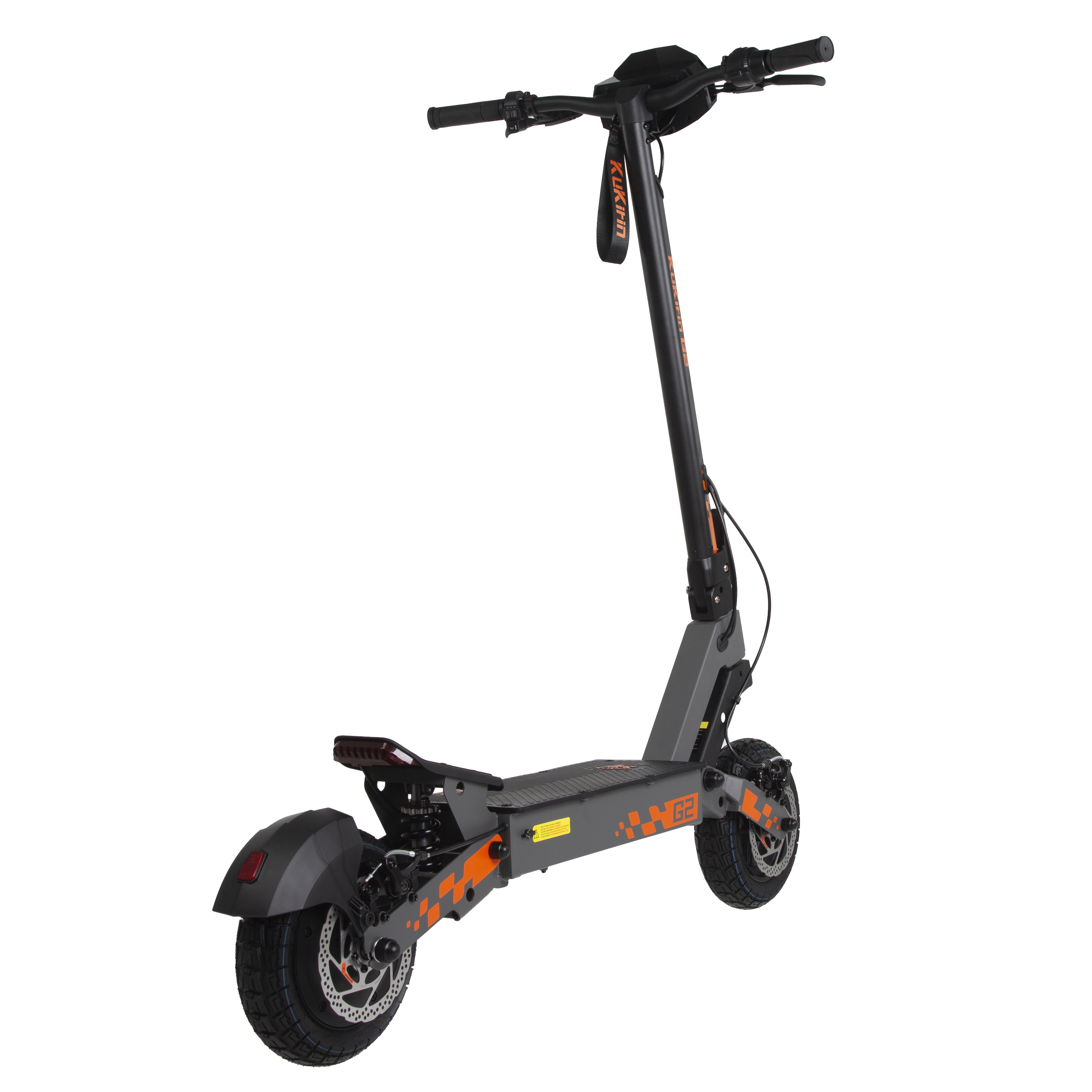 Ein grauer E-Scooter mit orangefarbenen Akzenten und Reifen.