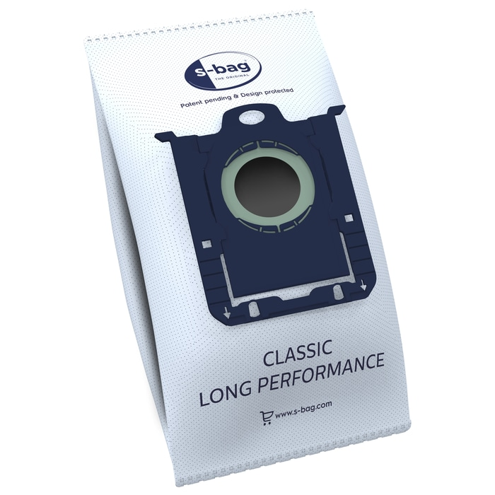 Biała torba do odkurzacza s-bag z niebieskim mocowaniem, napis 'CLASSIC LONG PERFORMANCE'.