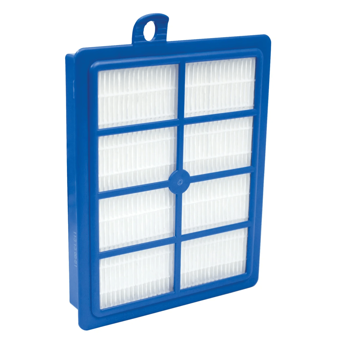 Un filtro HEPA rectangular azul con medio filtrante blanco, sobre fondo blanco.