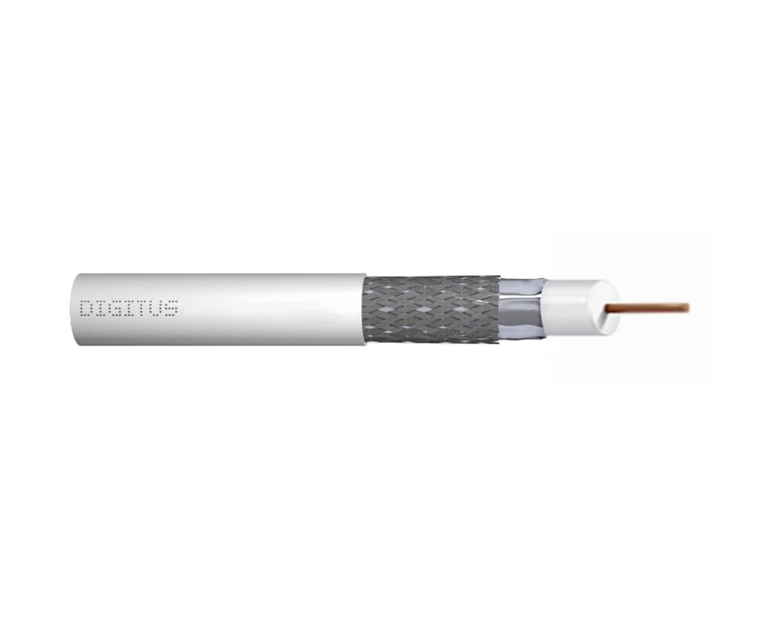 Corte de un cable blanco etiquetado DIGITUS, mostrando blindaje y conductor de cobre.