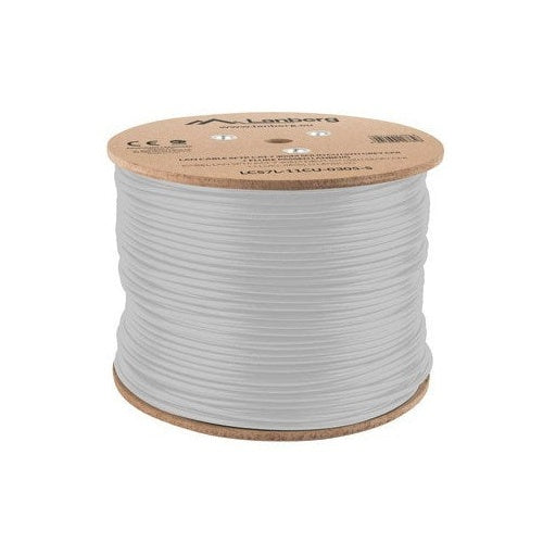 Un carrete de cable blanco con la marca Lanberg.