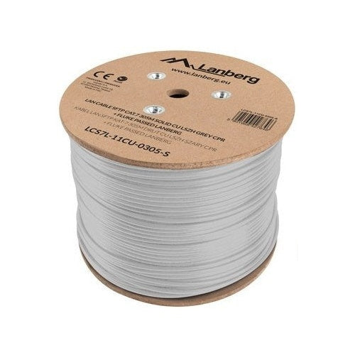 Carrete de cable LAN gris con logo Lanberg e información del producto.