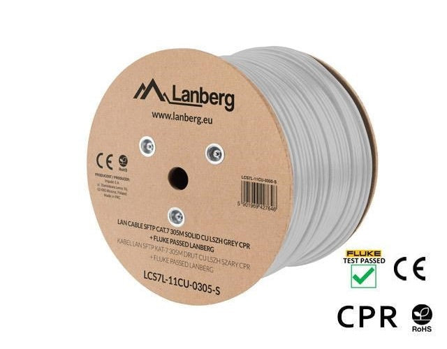 Cable LAN gris Cat.7 en bobina, marca Lanberg, con certificación CE y Fluke.
