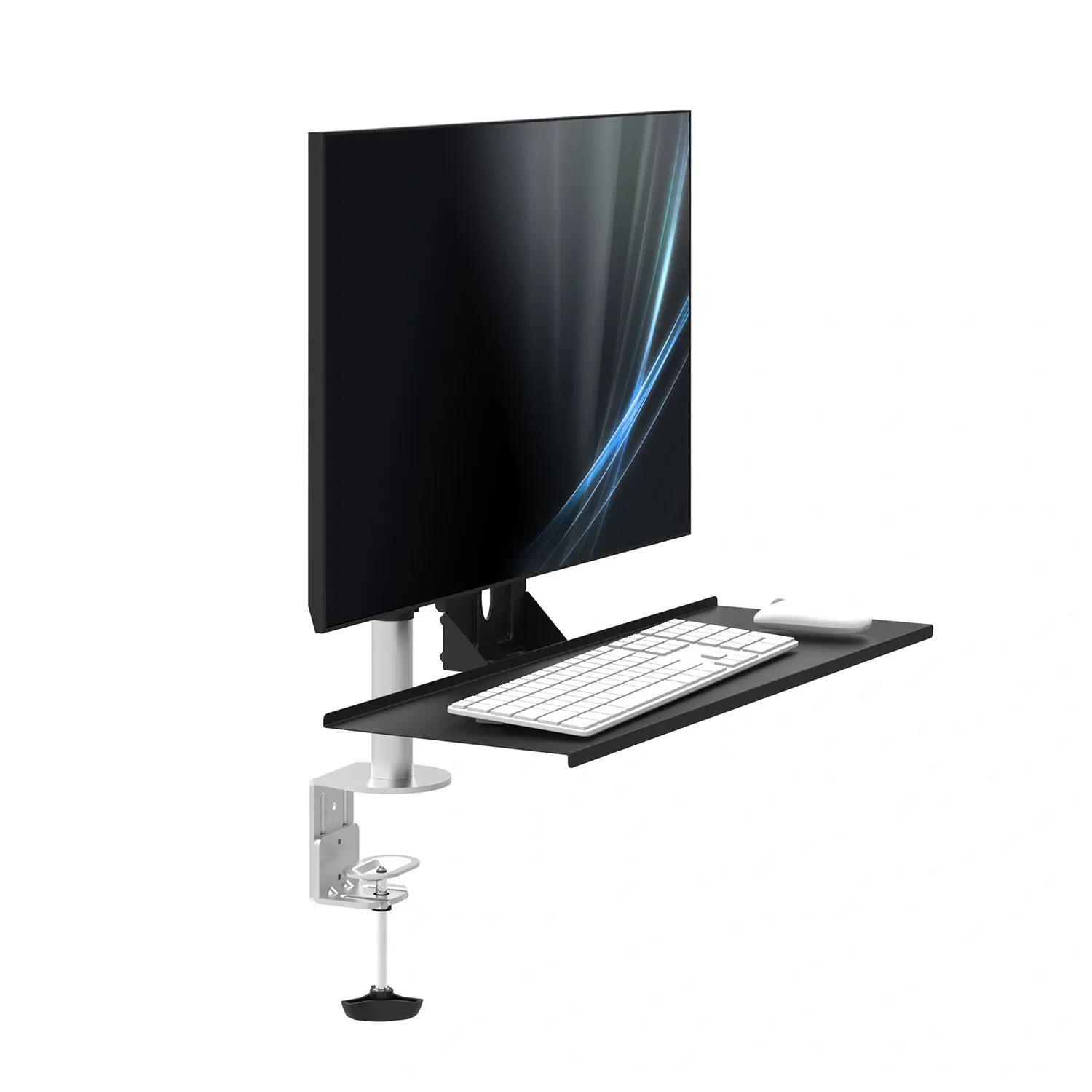 Un monitor con tastiera e mouse su un supporto a morsetto.