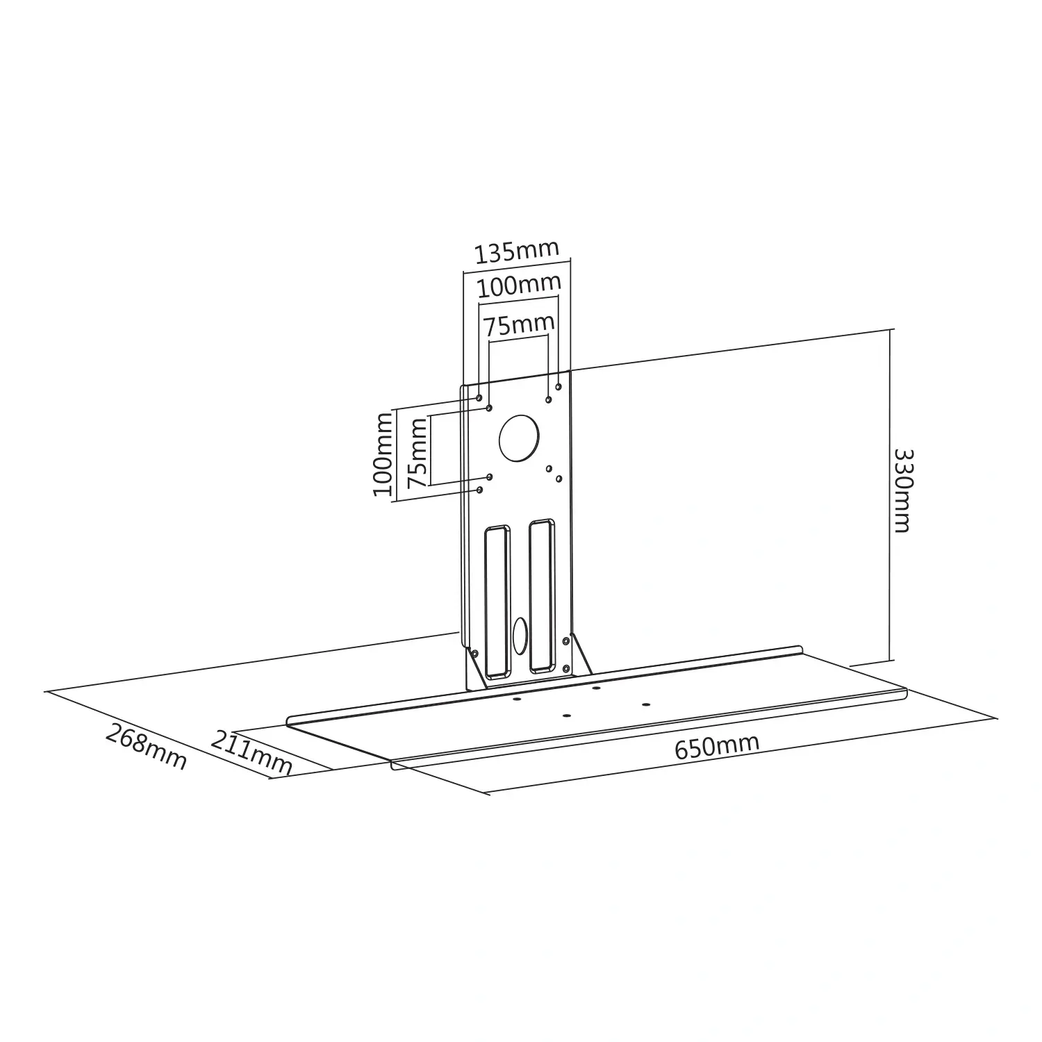 Disegno tecnico di un supporto per monitor con dimensioni.