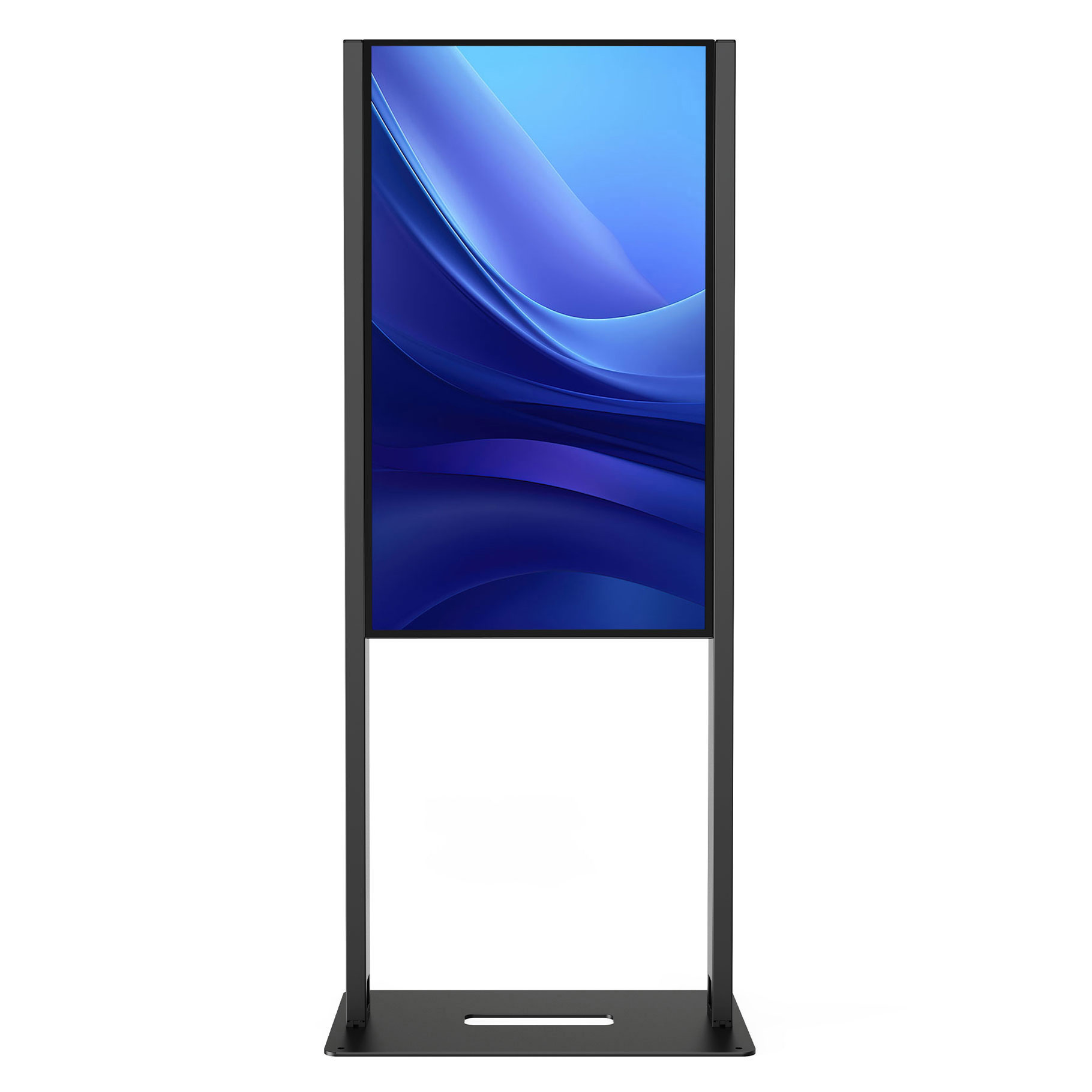 Uno schermo digitale su un supporto nero mostra una grafica astratta blu.