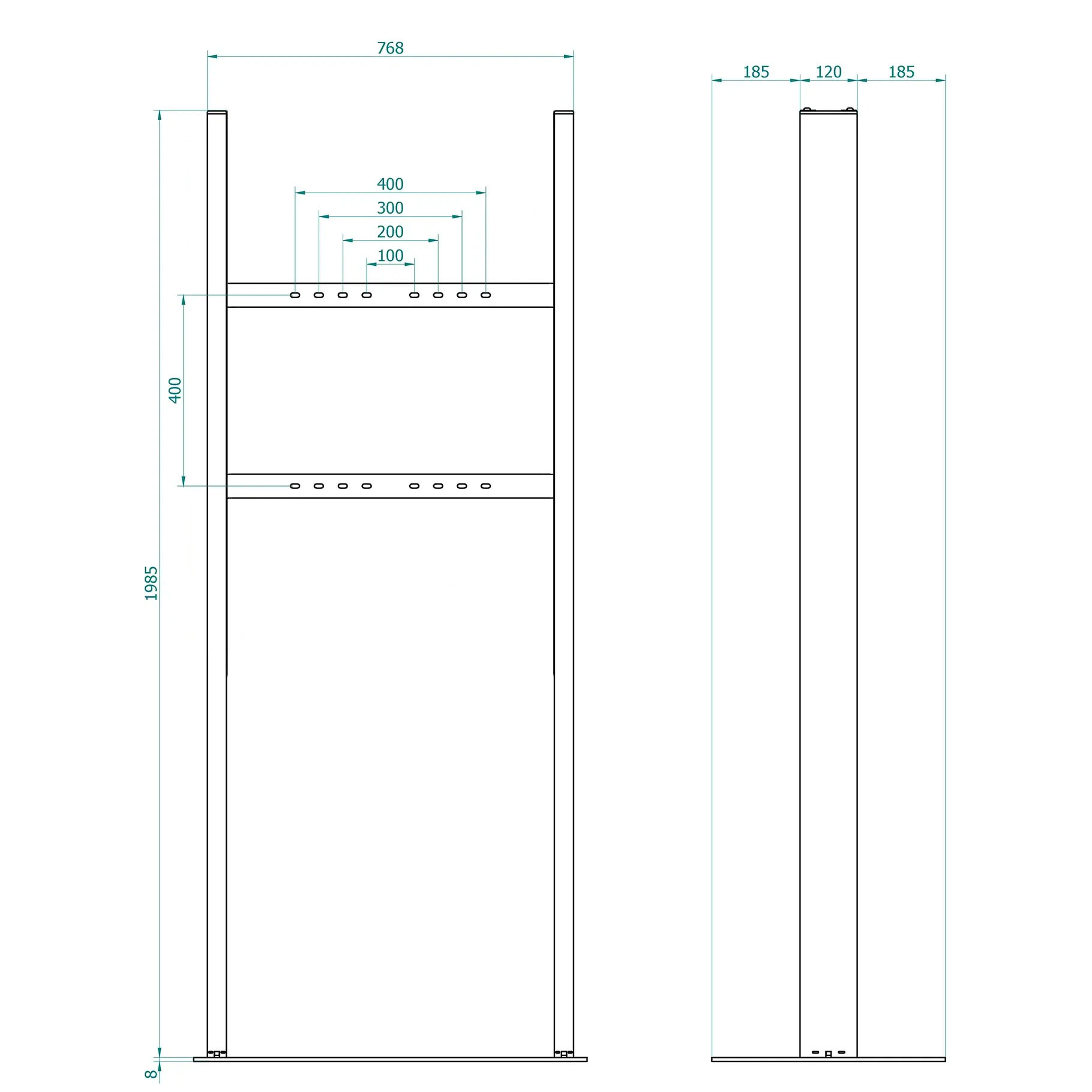 Disegno tecnico di un telaio con dimensioni e fori di trapano.