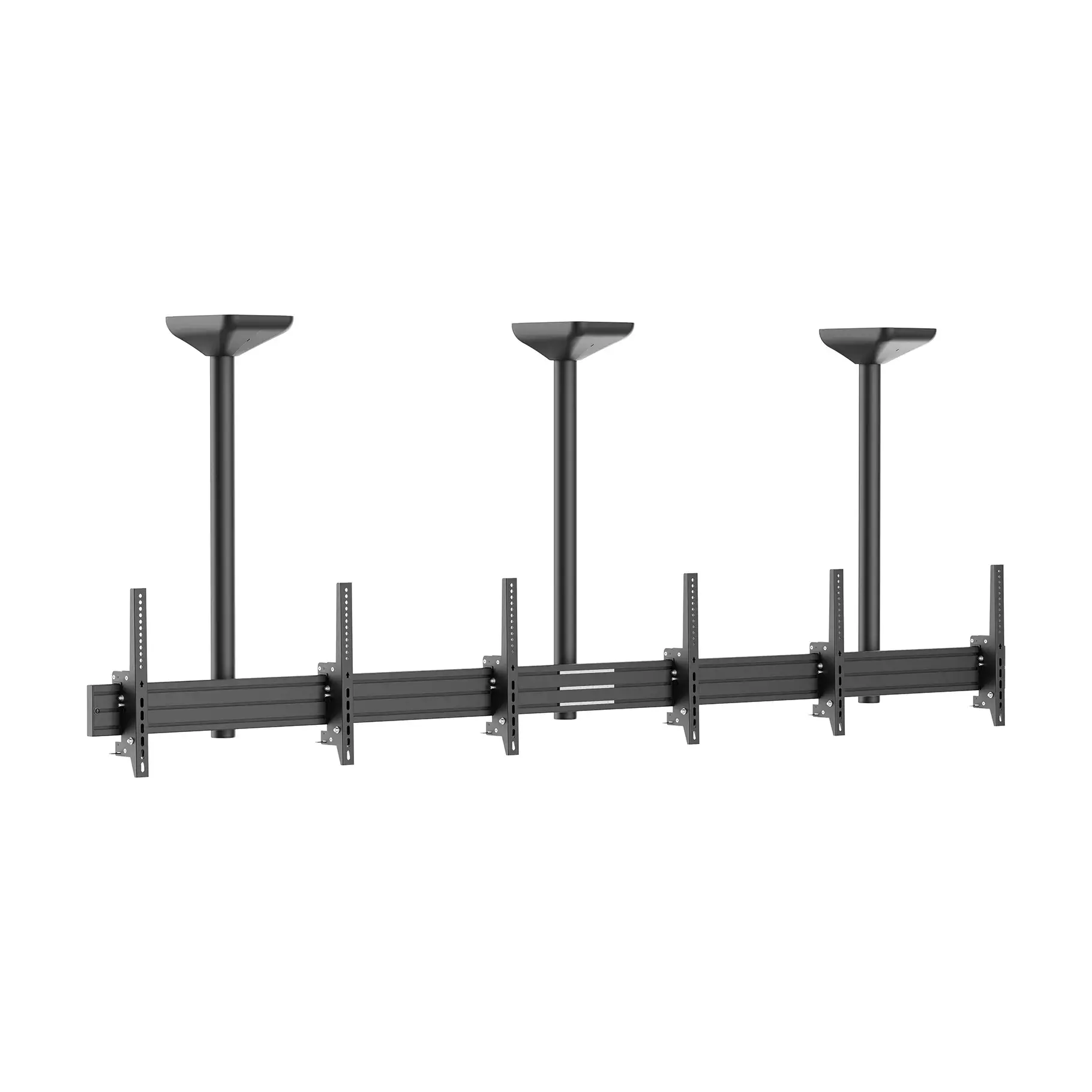 Soporte de techo negro para tres pantallas, con soportes verticales.