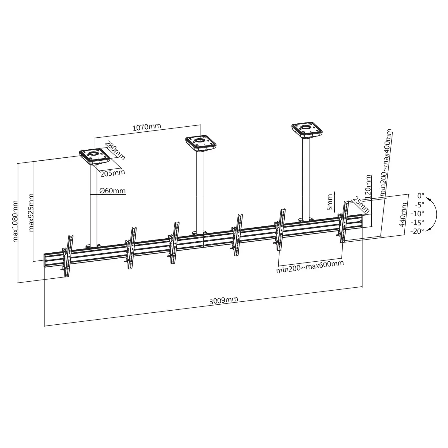 Dibujo técnico de un soporte de techo con dimensiones y ángulos.
