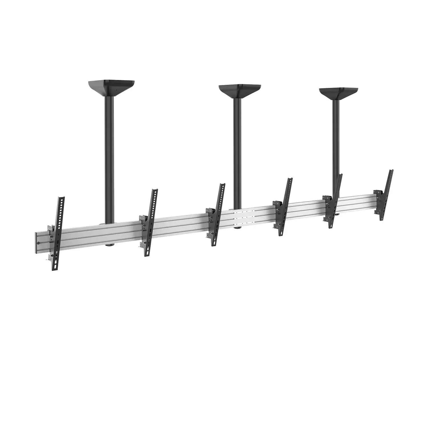 Supporto a soffitto per più schermi, binario argento con supporti neri.