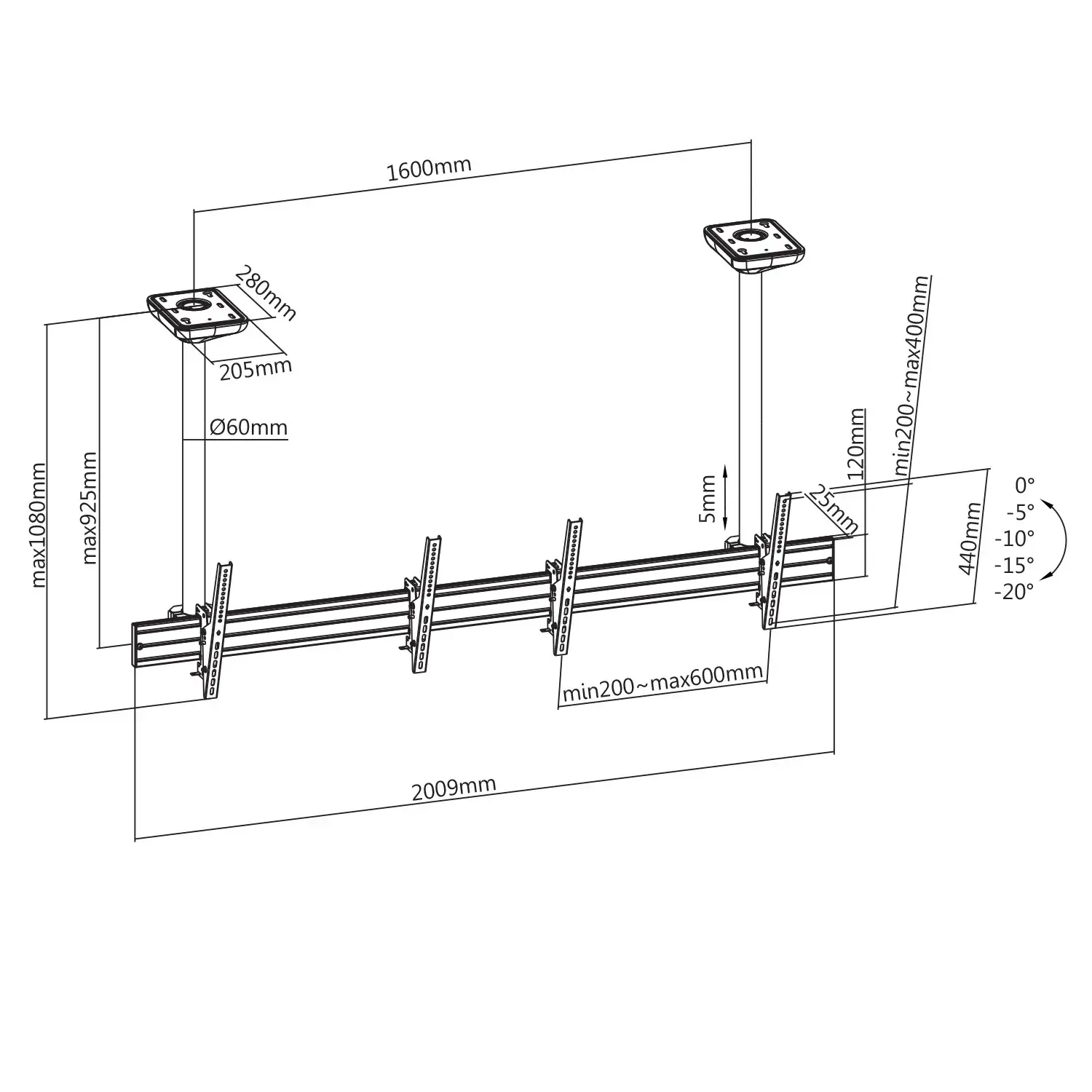 Disegno tecnico di un supporto a soffitto per schermi con dimensioni e angoli.