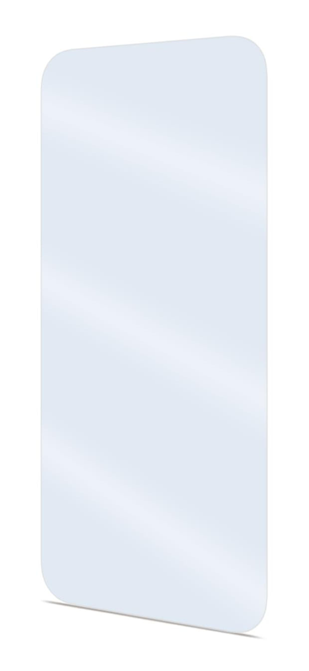Un protector de pantalla transparente con esquinas redondeadas sobre fondo blanco.