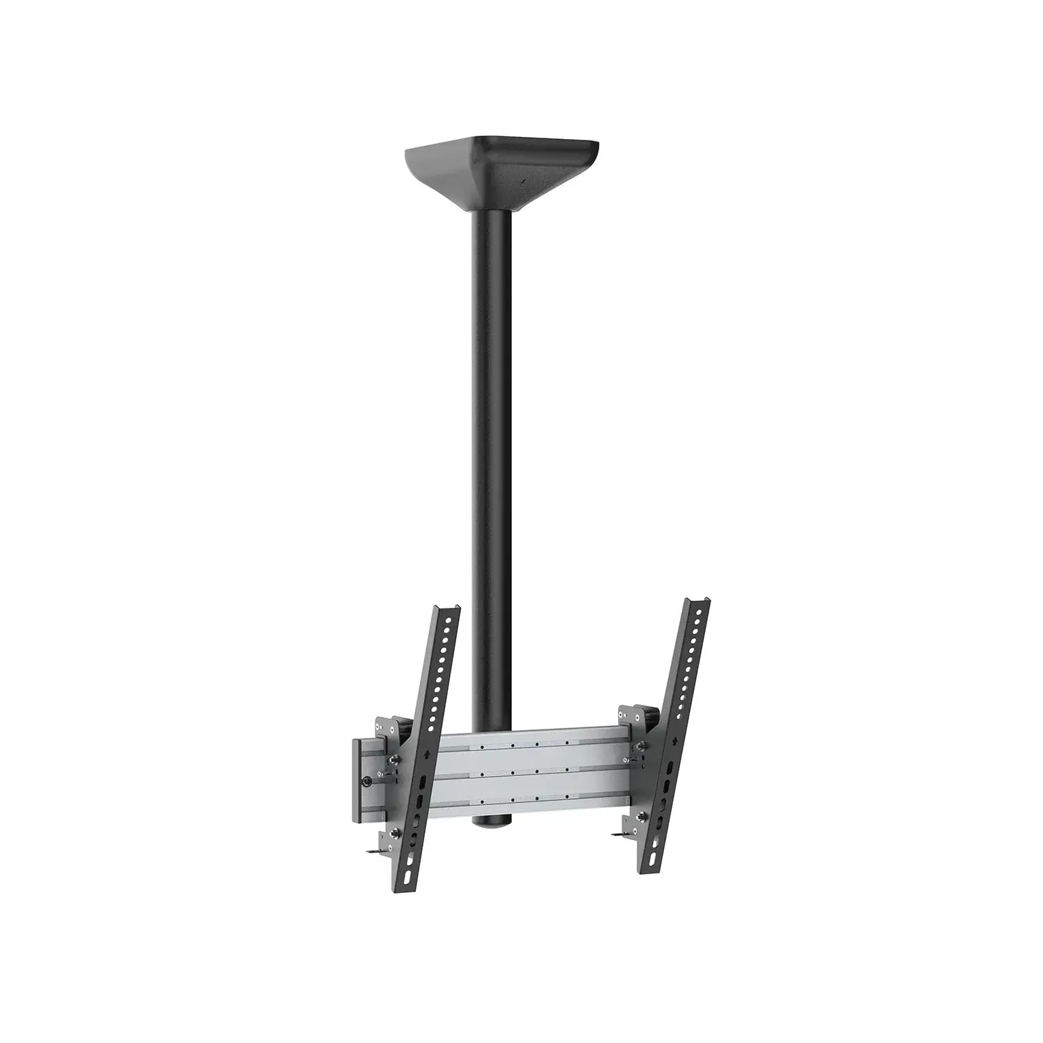 Supporto da soffitto nero per TV a schermo piatto con bracci regolabili.