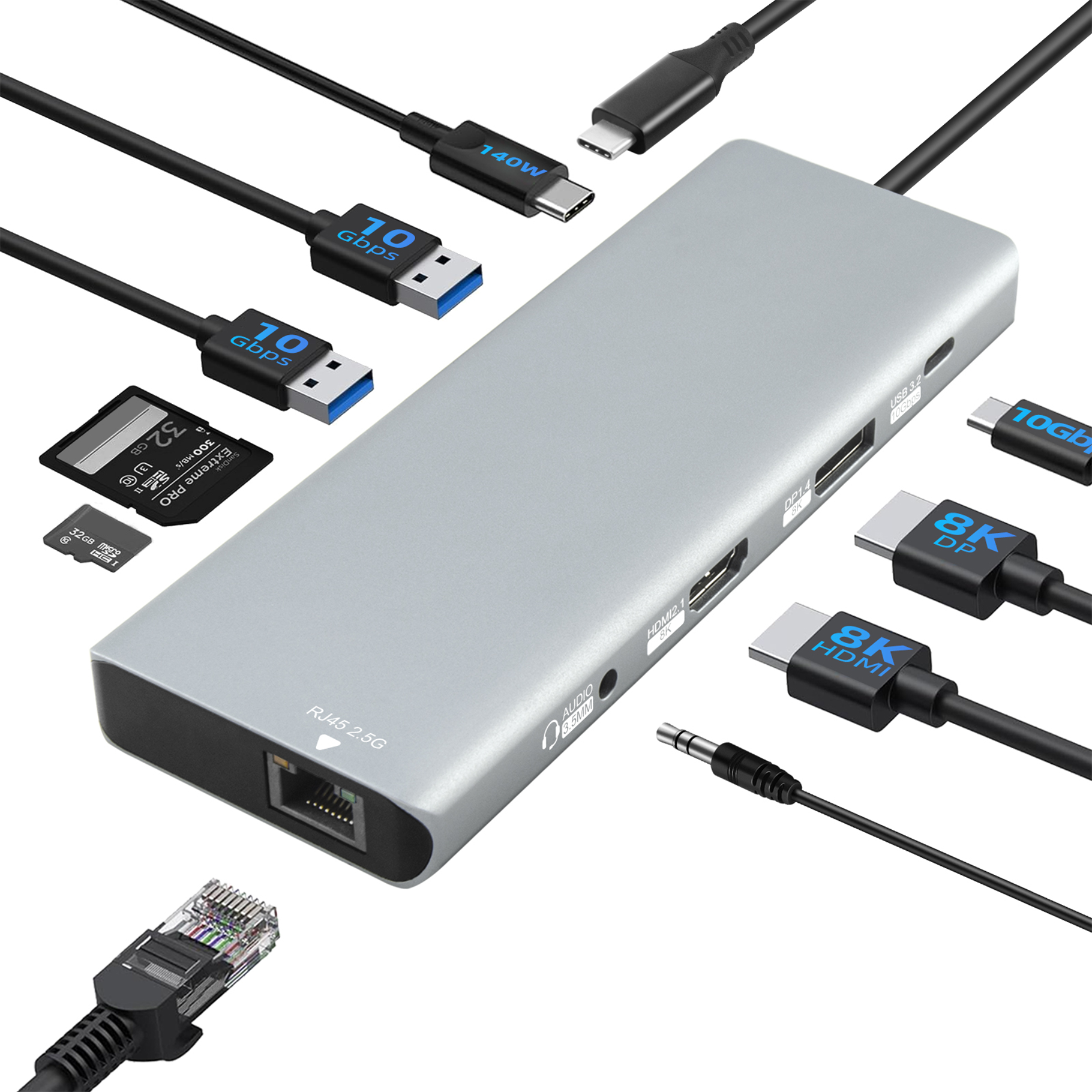 Un concentrador USB-C plateado con varios puertos y cables.