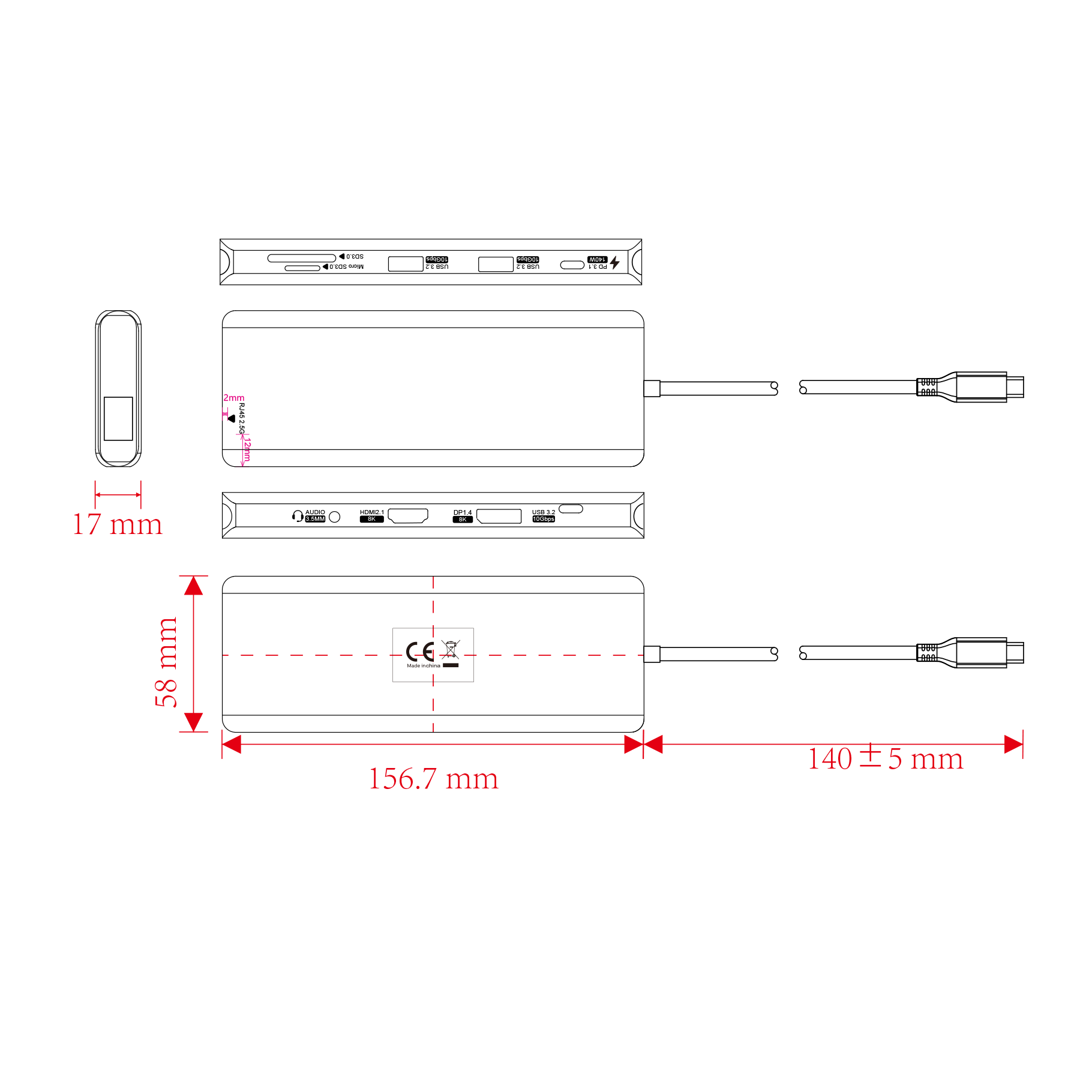 Dibujo técnico de un concentrador USB-C con dimensiones y puertos.