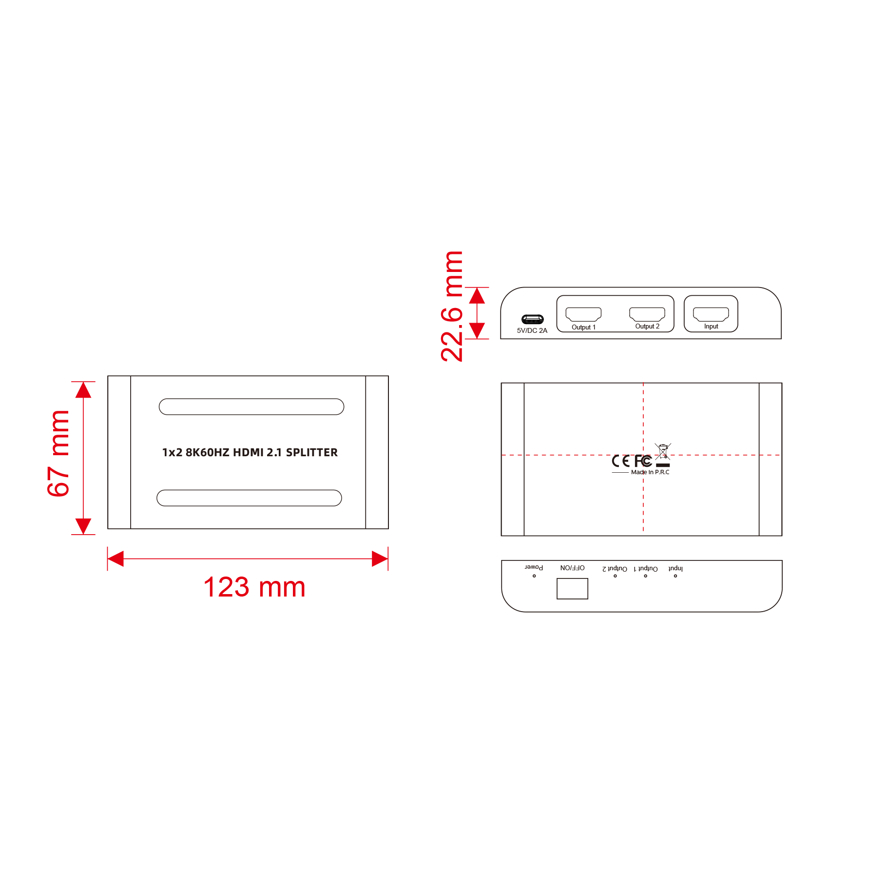Un divisor HDMI 2.1 1x2 8K60Hz con entrada de alimentación USB-C y dimensiones.