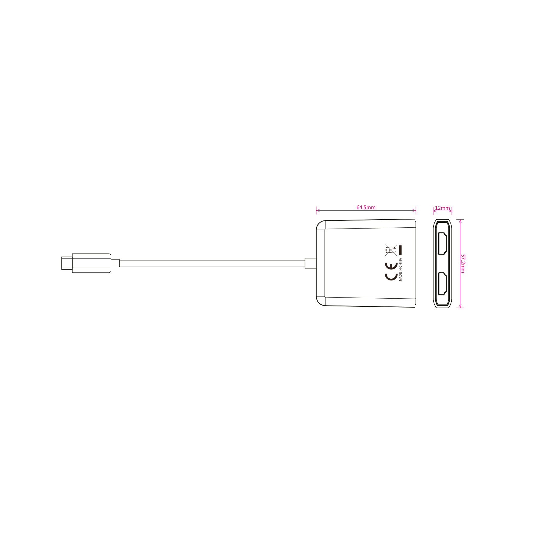 Dibujo técnico de un adaptador USB-C con dimensiones.