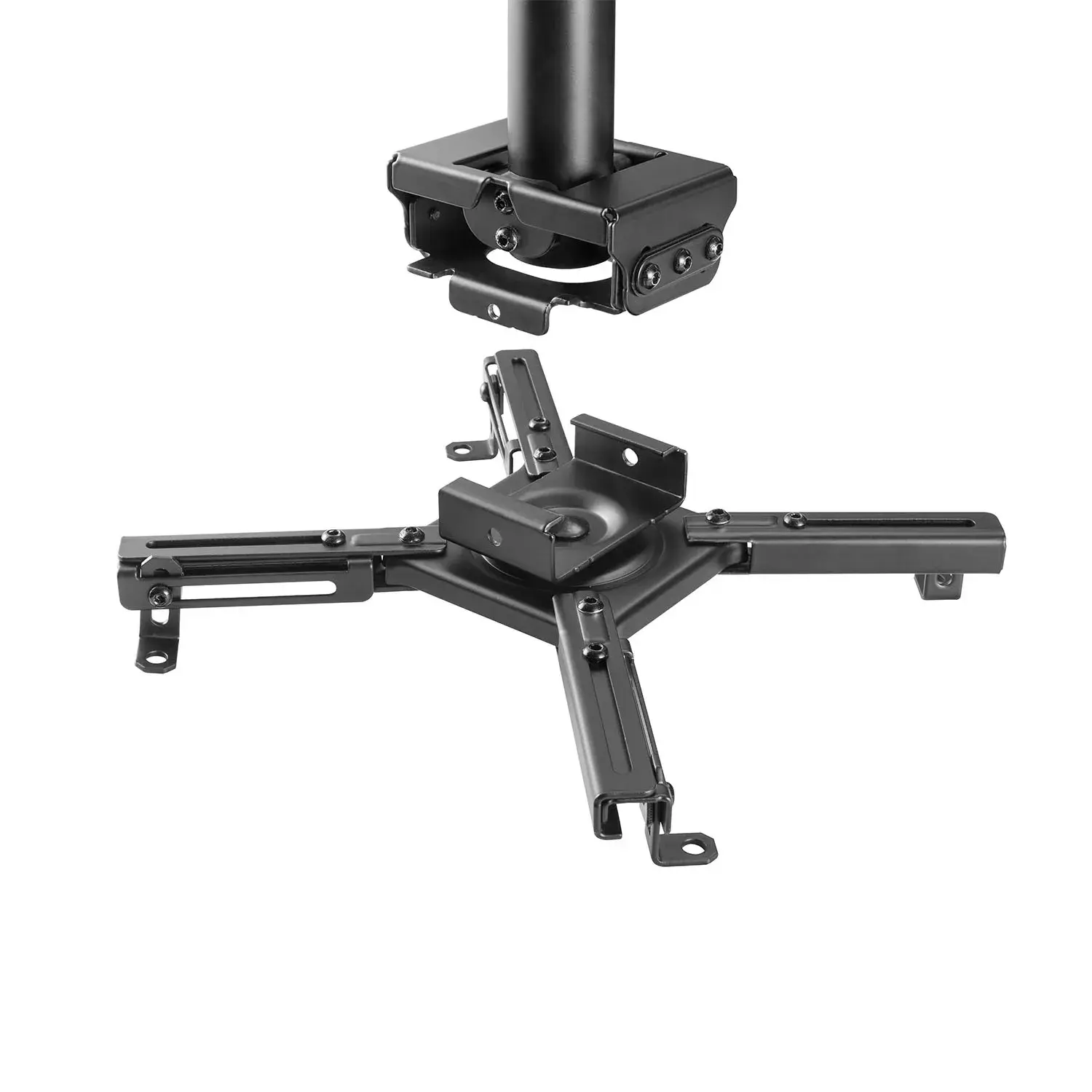 Black projector ceiling mount with adjustable arms and a top pole attachment.