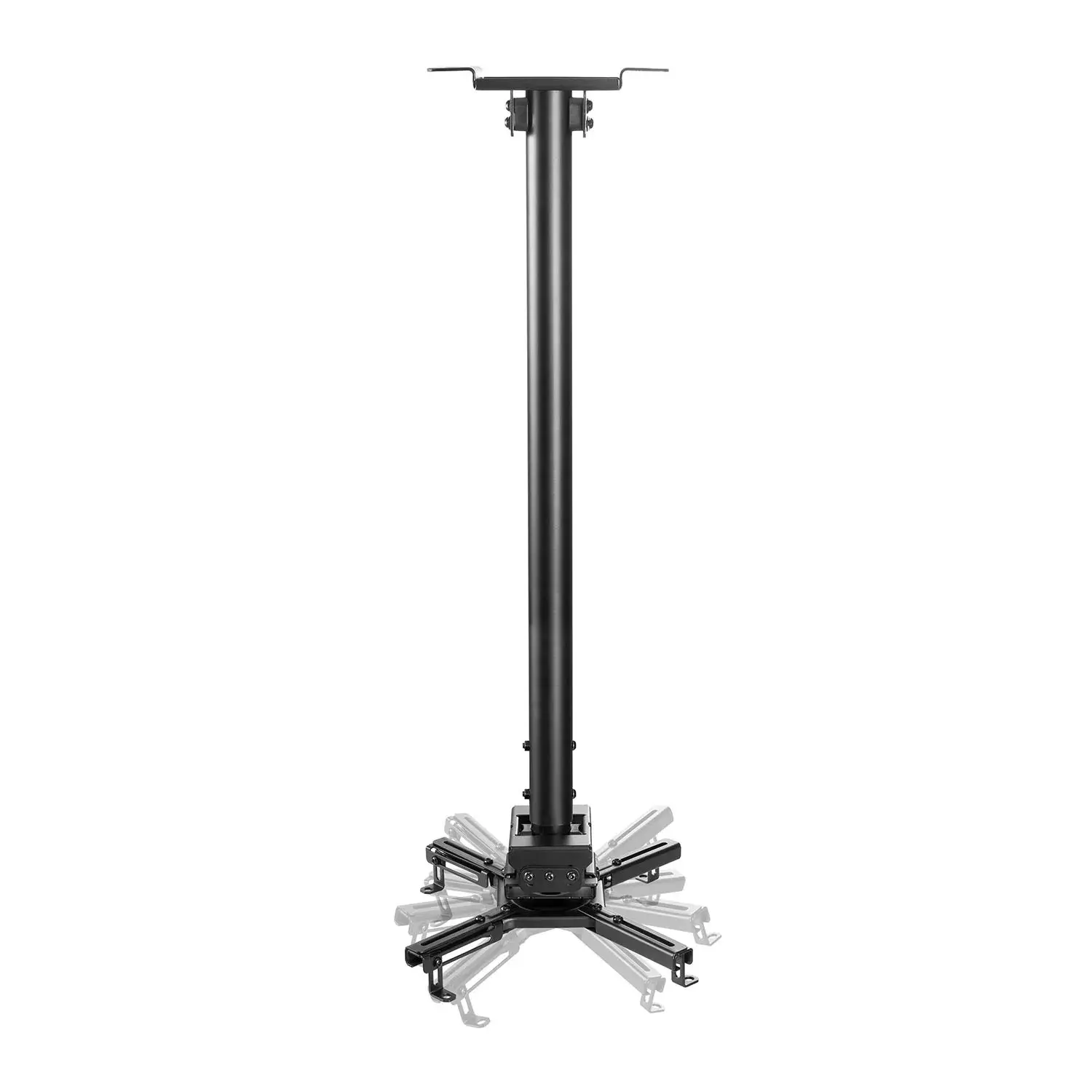 Black ceiling mount with adjustable arms for a projector.