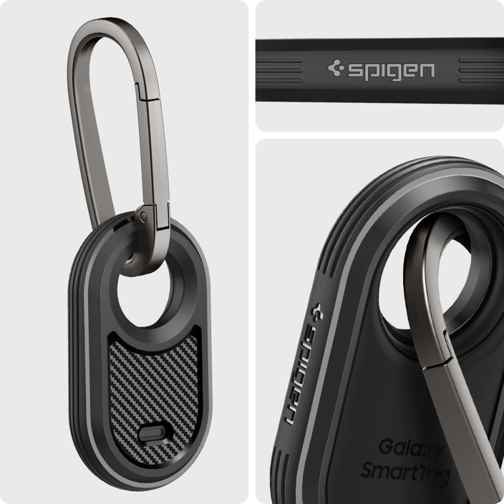 Custodia Spigen Galaxy SmartTag nera con moschettone. Texture carbonio.