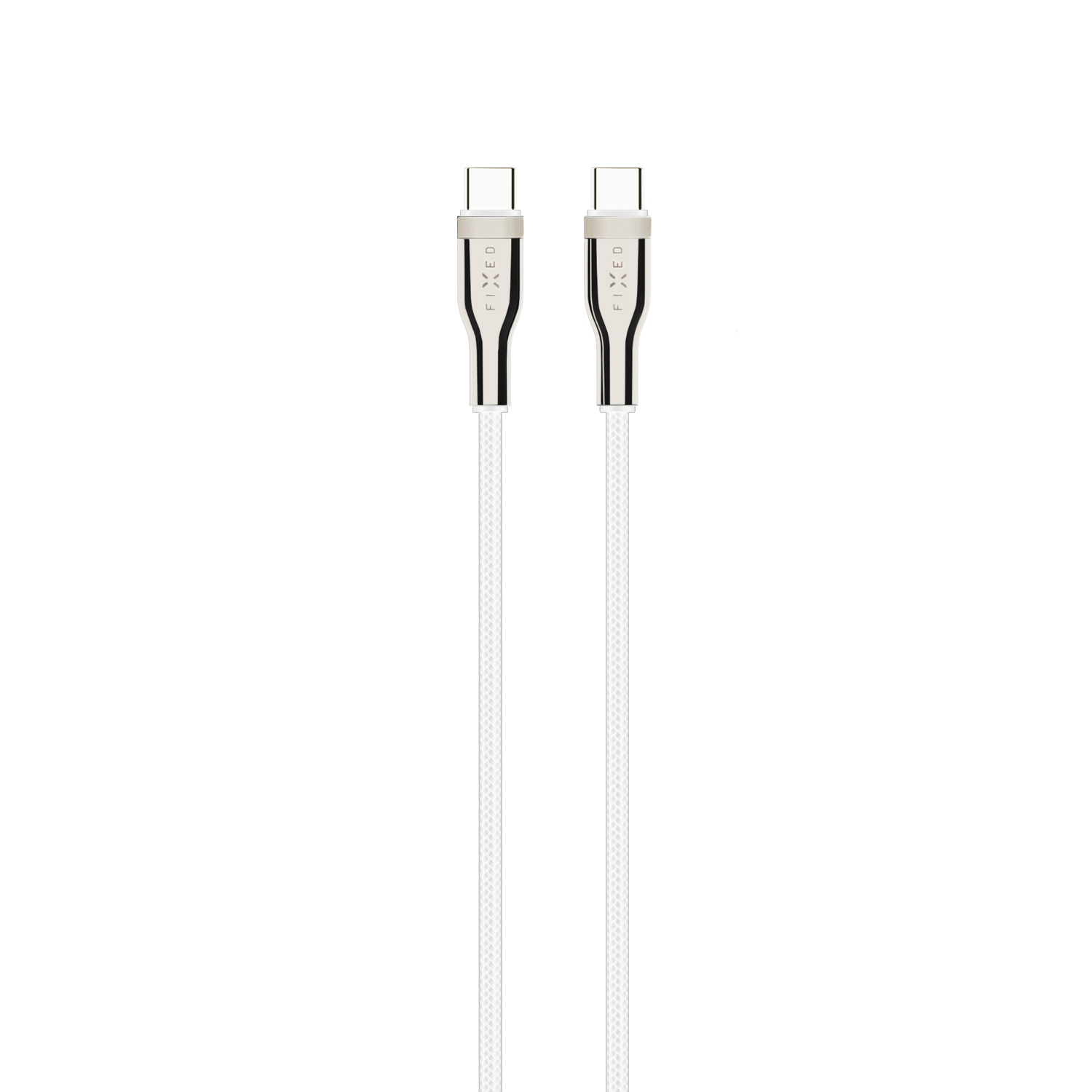 Due cavi USB-C bianchi con connettori argentati su sfondo bianco.